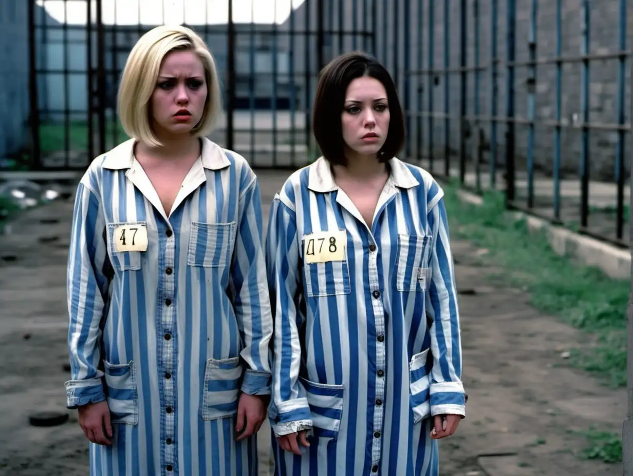 Two of busty prisoner women (20 years old) stand lined up in a prisonyard  in worn dirty blue-white vertical wide-striped longsleeve maxi-length buttoned prisonerdress (a big printed "478" label on chest pocket, brunette or Blonde chin-lenght bob hair, sad and ashamed)