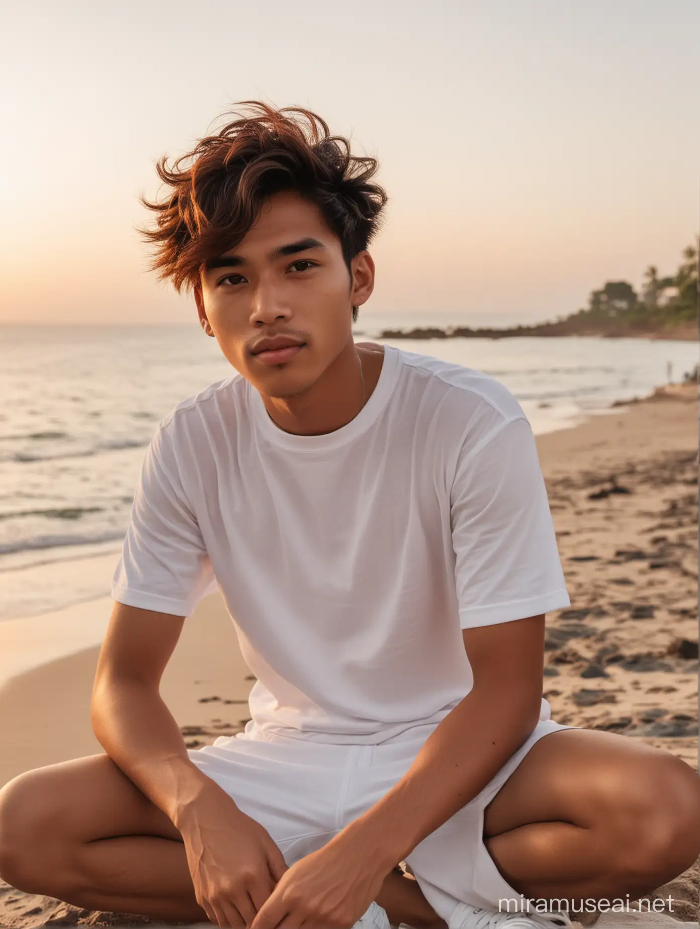Young Indonesian Man Relaxing by the Beach at Sunset