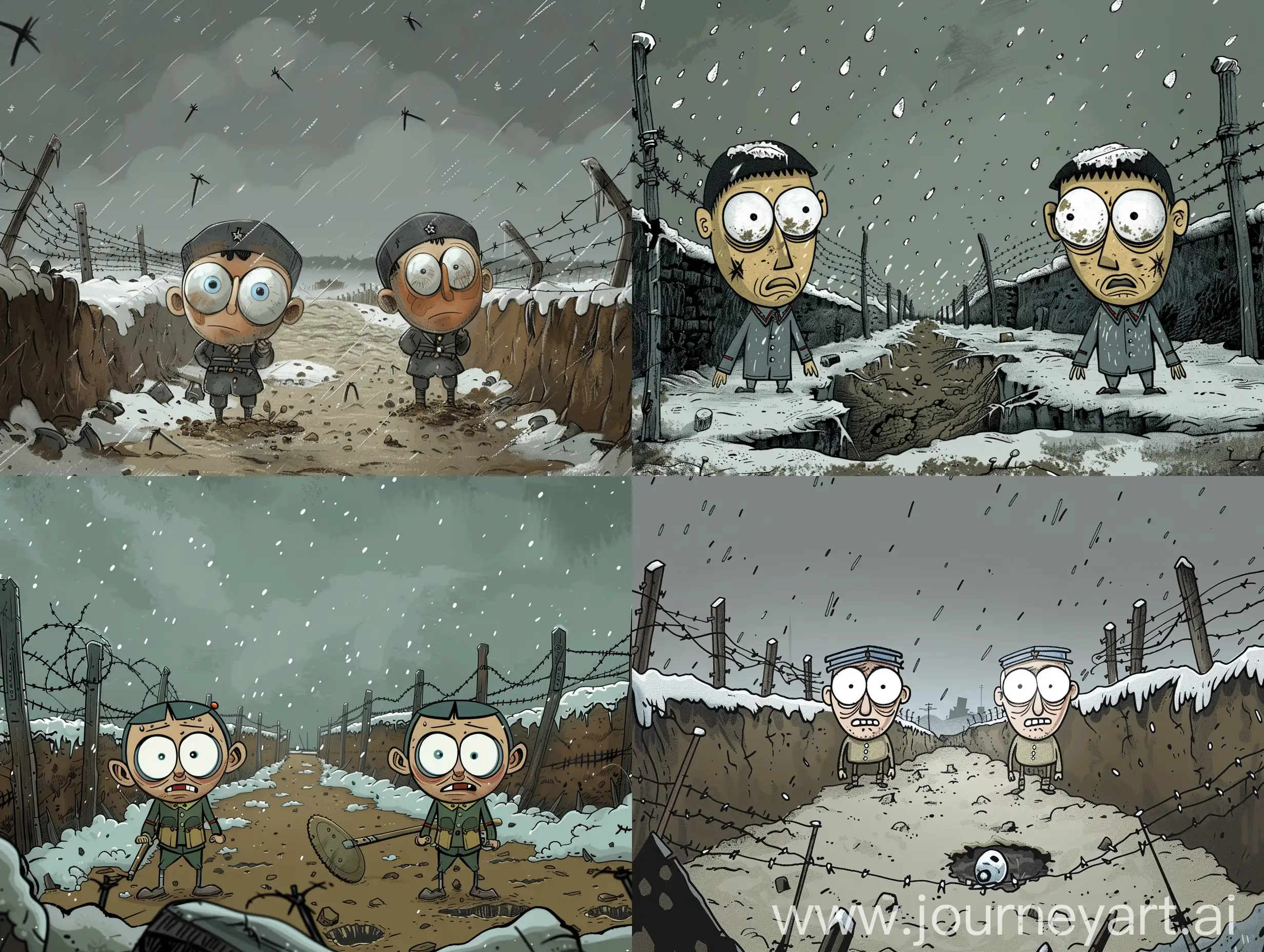 Cartoon characters, two Napoleons wander through the snow from Russia, two characters, big eyes, look around, cartoon style, comics style, mud, grey sky, dark, gloomy, barbed wire, trenches