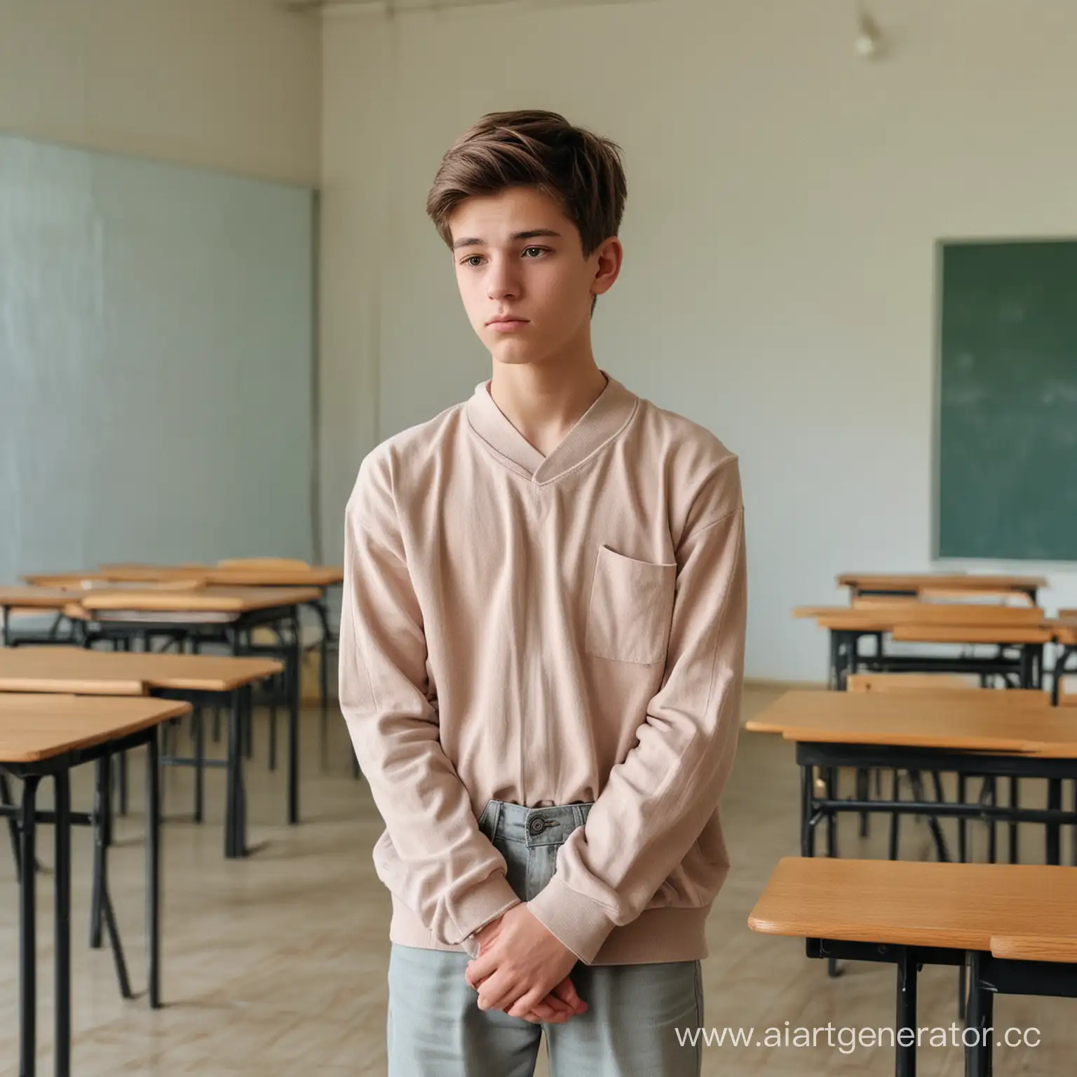 Грустный мальчик подросток 16 лет стоит в закрытой позе в кабинете школы в полный рост одетый в одежду тусклых цветов  и смотрит в пол