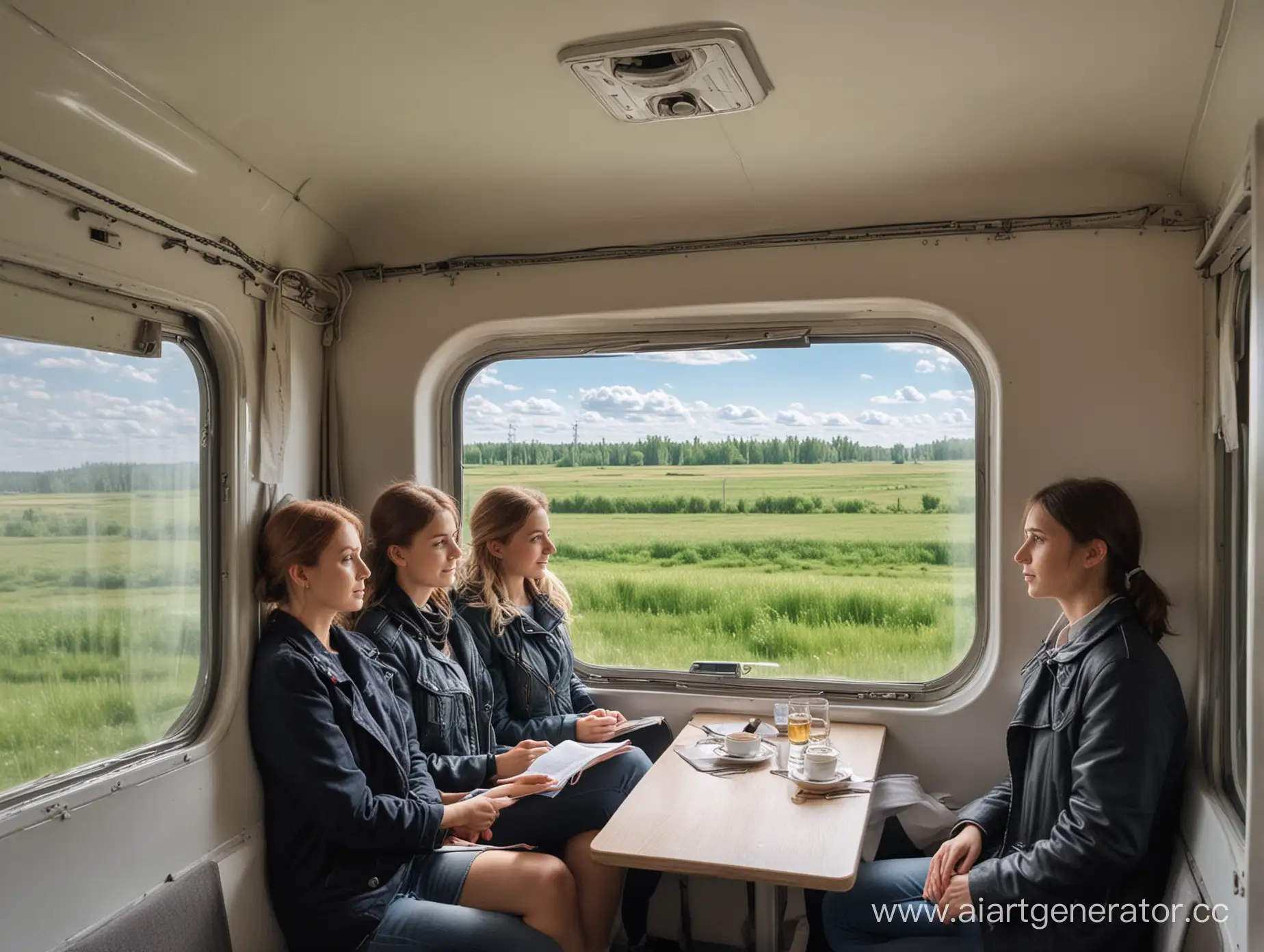 четверо людей сидят в купе поезда российского и смотрят в окно, окно прямо по кадру, люди смотрят туда, за окном поле зеленое синее небо 