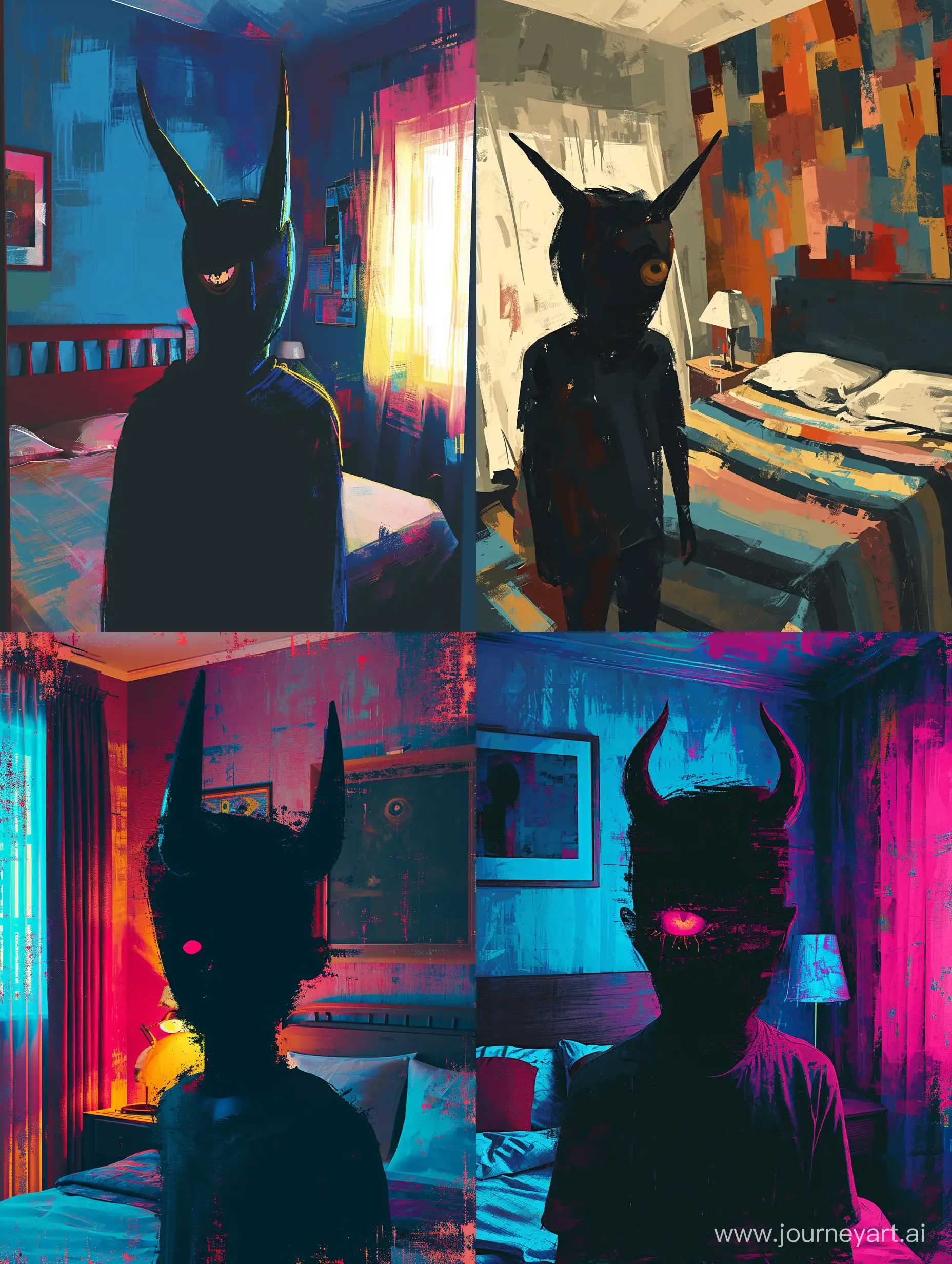 humanoid silhouette with horns and 1 eye in bedroom, minimalistic and abstract brush strokes like alberto mielgo, ultra realistic lighting and colors, --v 6 