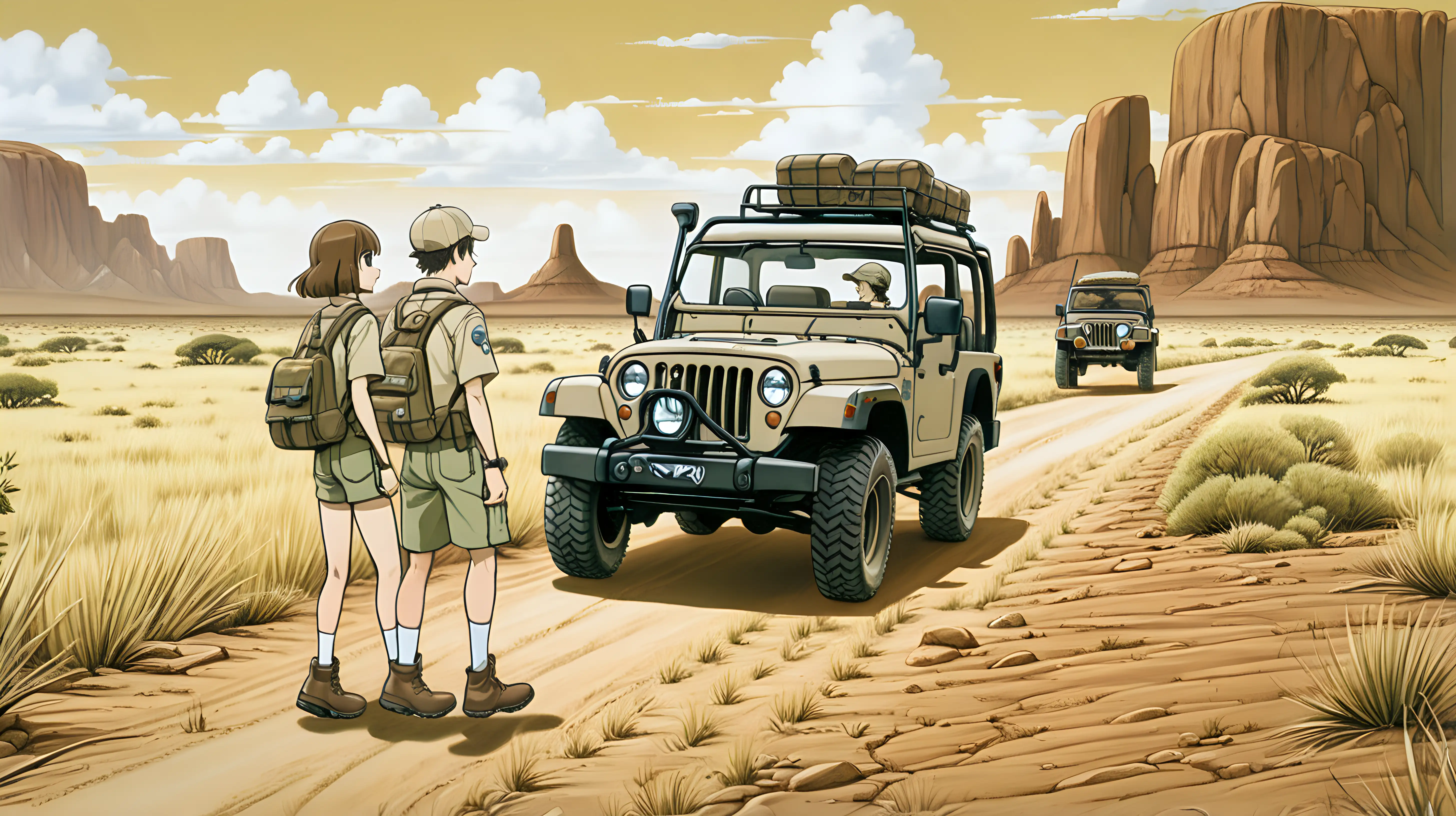 A landscape view of two Australian people wearing khaki shirts and shorts while walking in the outback with a jeep in the background, in an anime style
