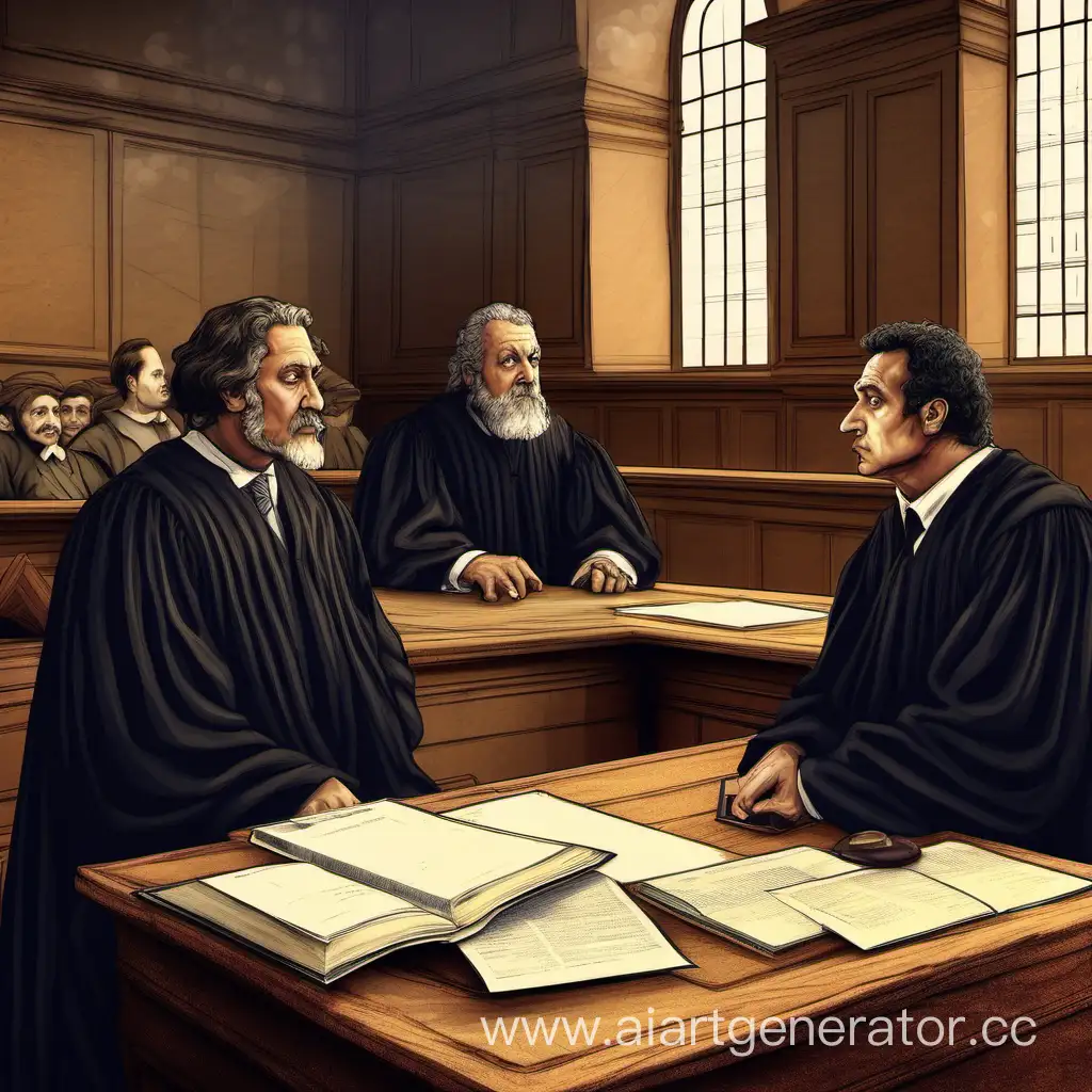 The court session, the courtroom.
A lawyer, a judge, and an ordinary peasant who did not understand his guilt