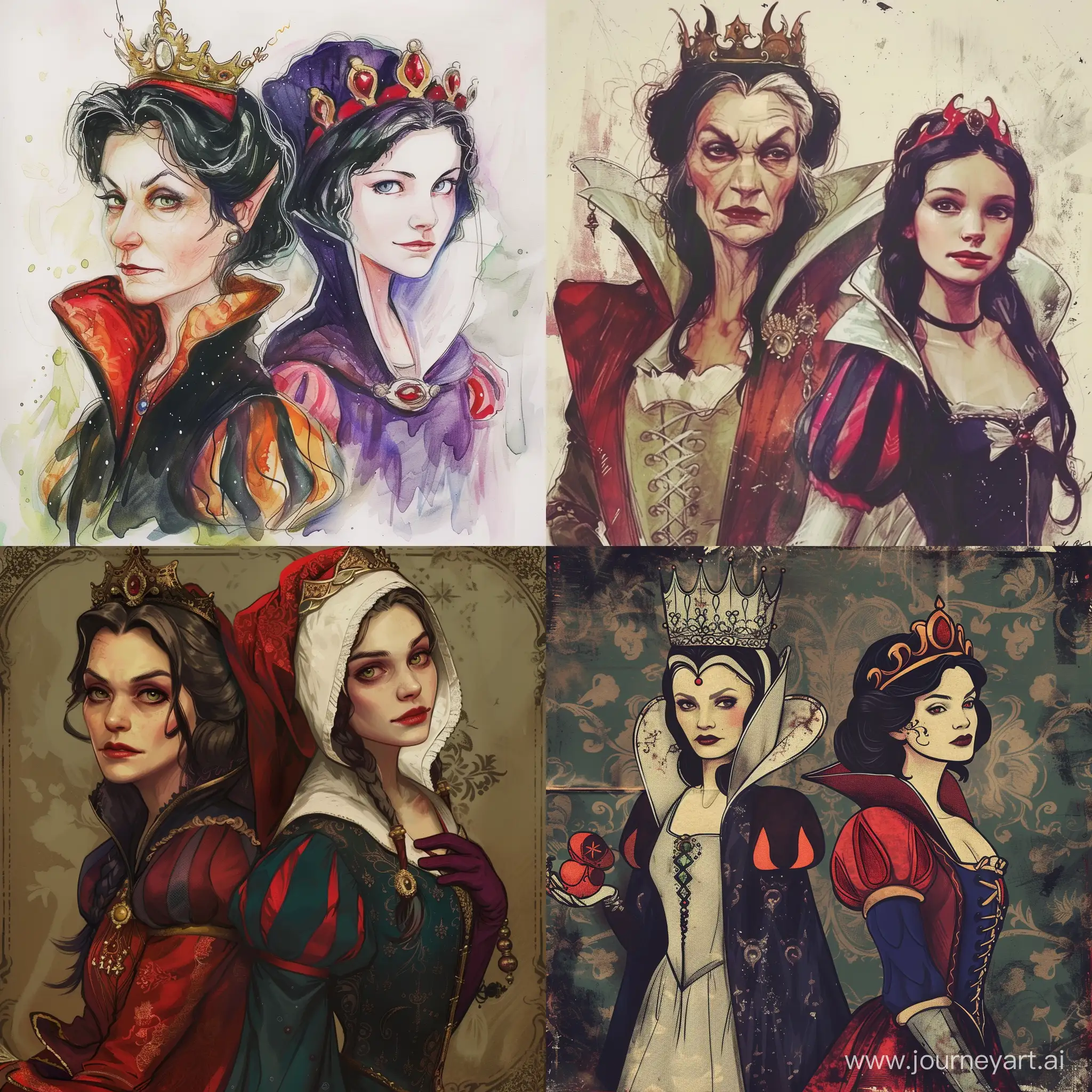 Draw the Evil Queen as the protagonist and Snow White as the antagonist.