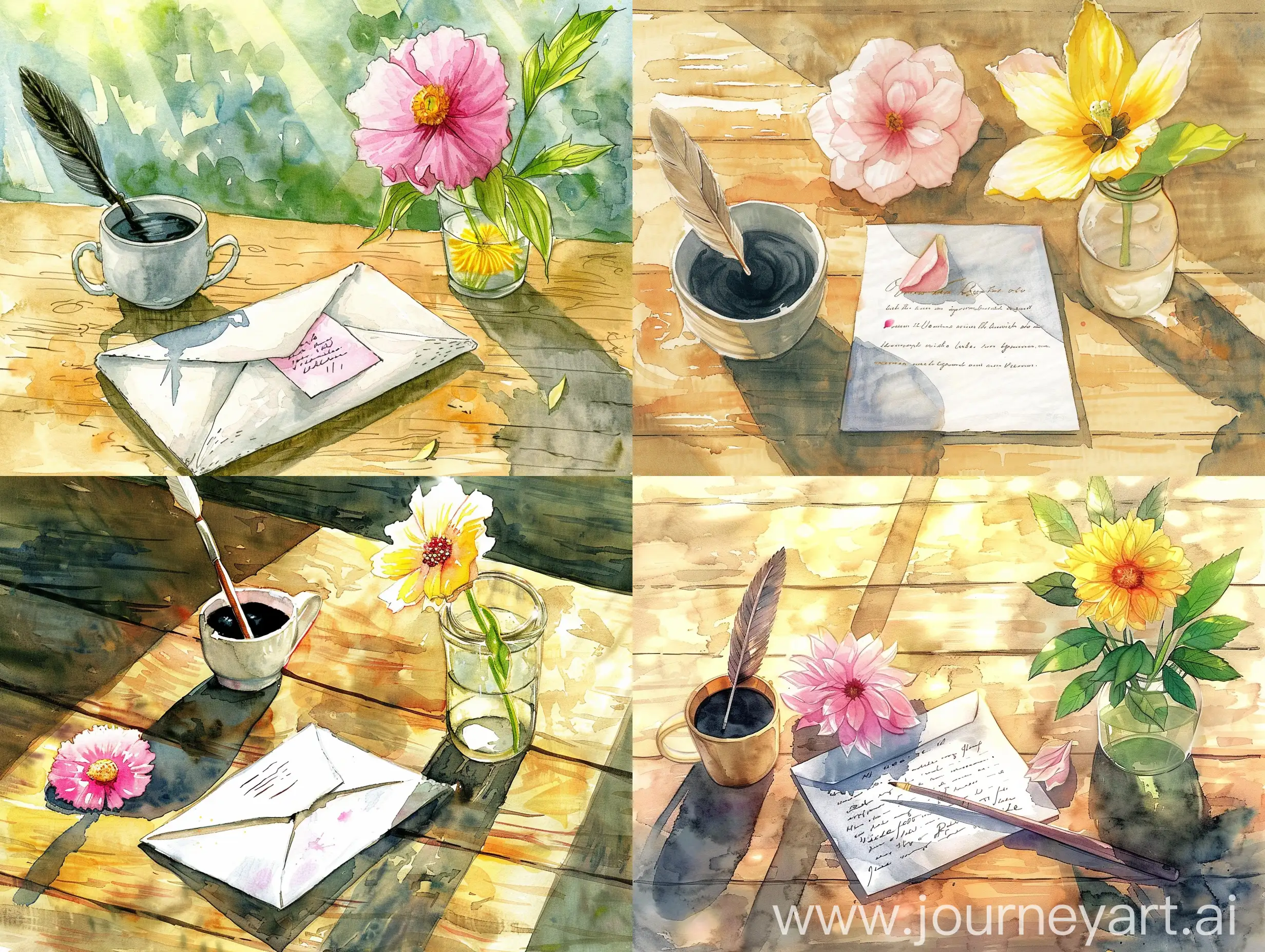 Anime style, a letter placed on a wooden table, with a pink flower on it.  Next to that letter is a cup of black ink with a quill used as a pen.  On the other side of the table there is a cup full of water with a yellow flower in it.  Watercolor, high quality, sunlight.