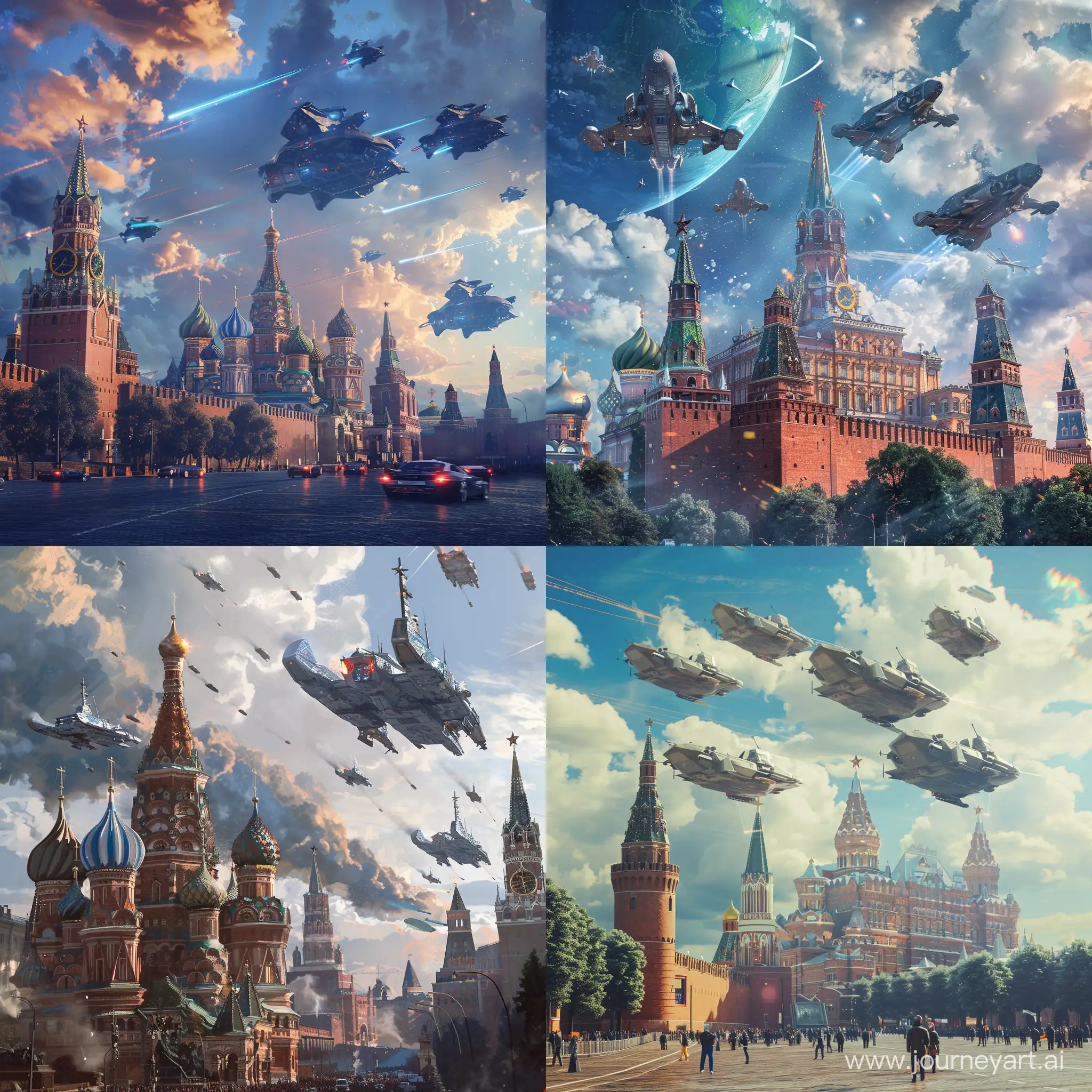 Moscow Red Square future time. Spaceships are flying,