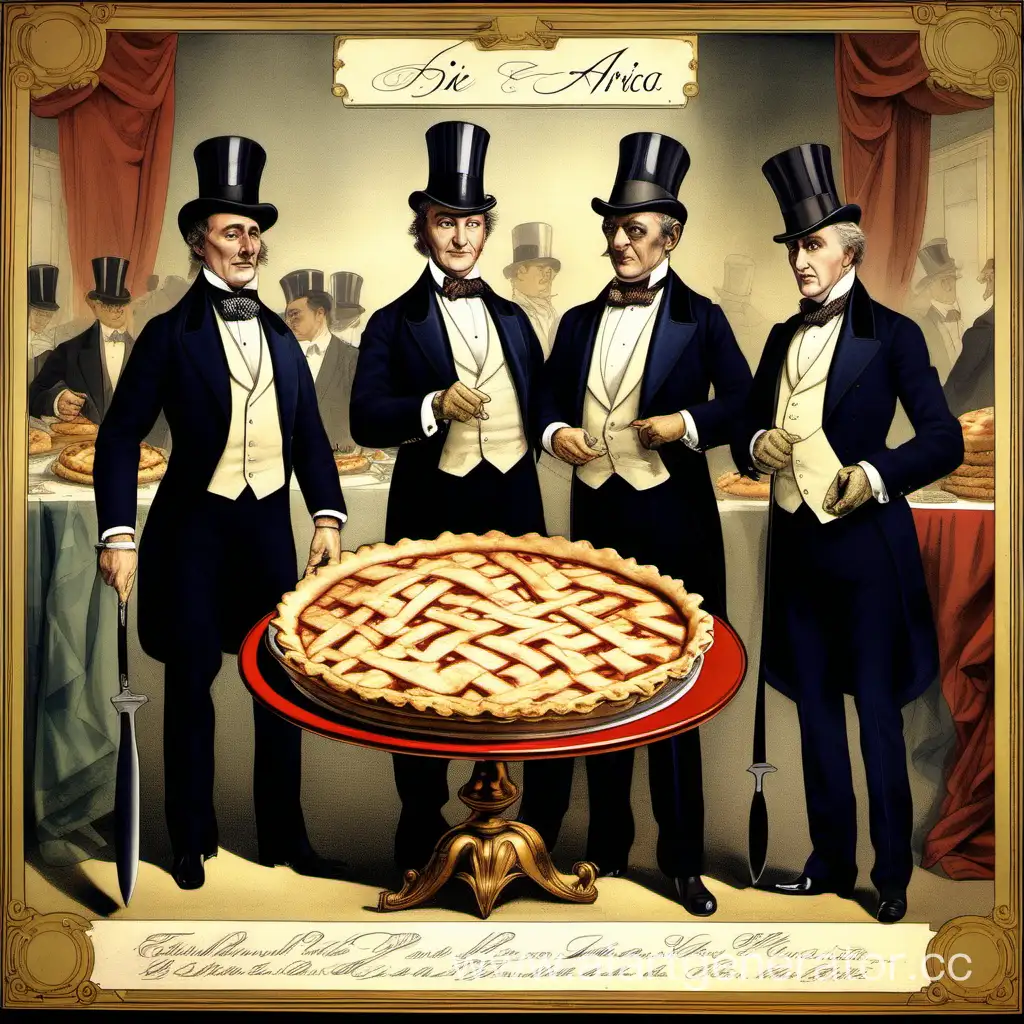 Несколько английских и французских богачей европейской расы. Они в смокингах и цилиндрах стоят около пирога с ножами. На пироге крупная надпись: AFRICA.