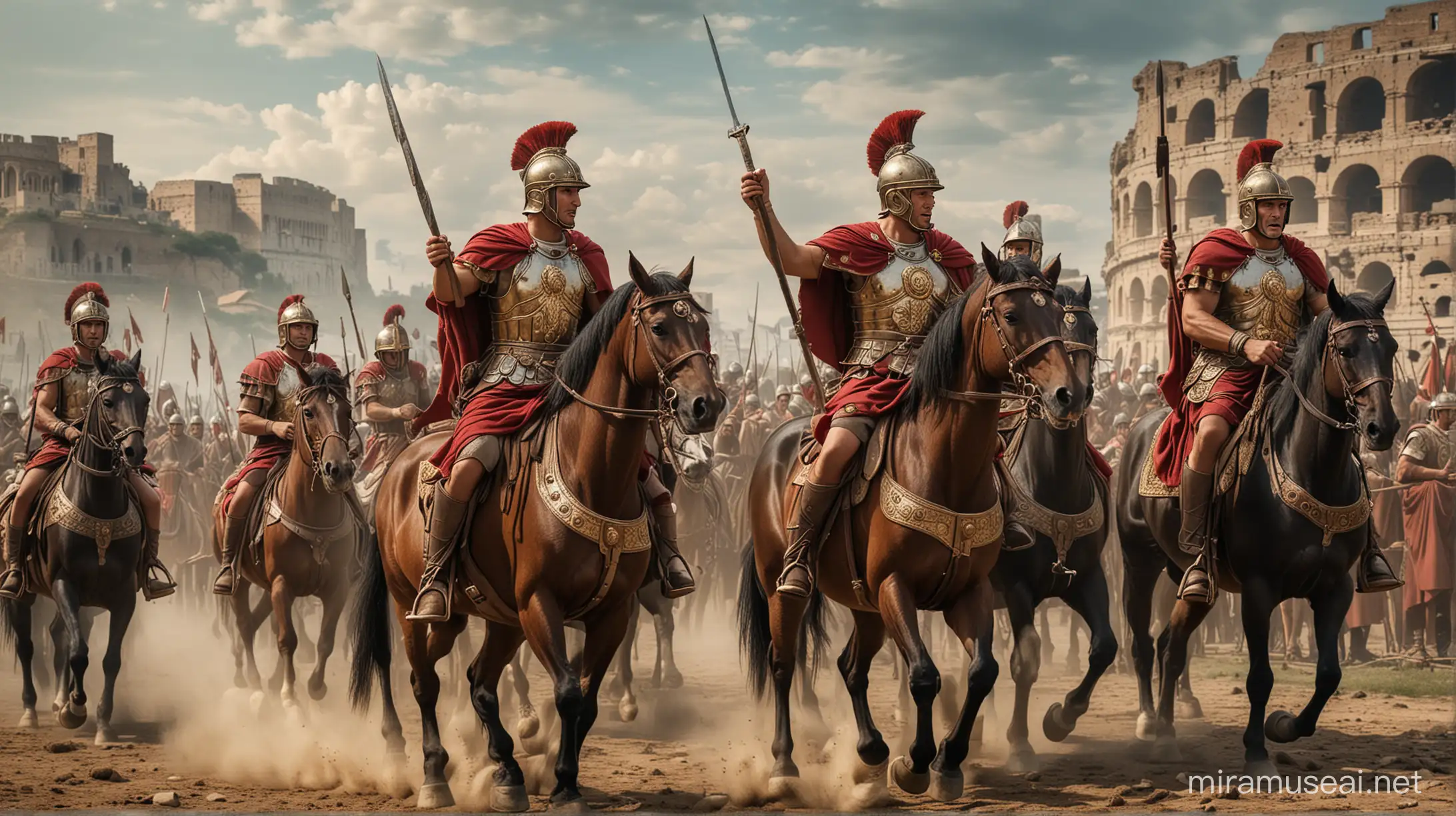 Roman soldiers riding horses in the Roman Empire