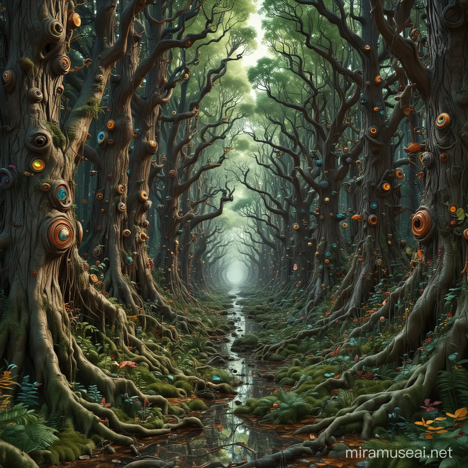 Psychedelic Surreal Forest with Twisted Organic Trees and Morbid Atmosphere
