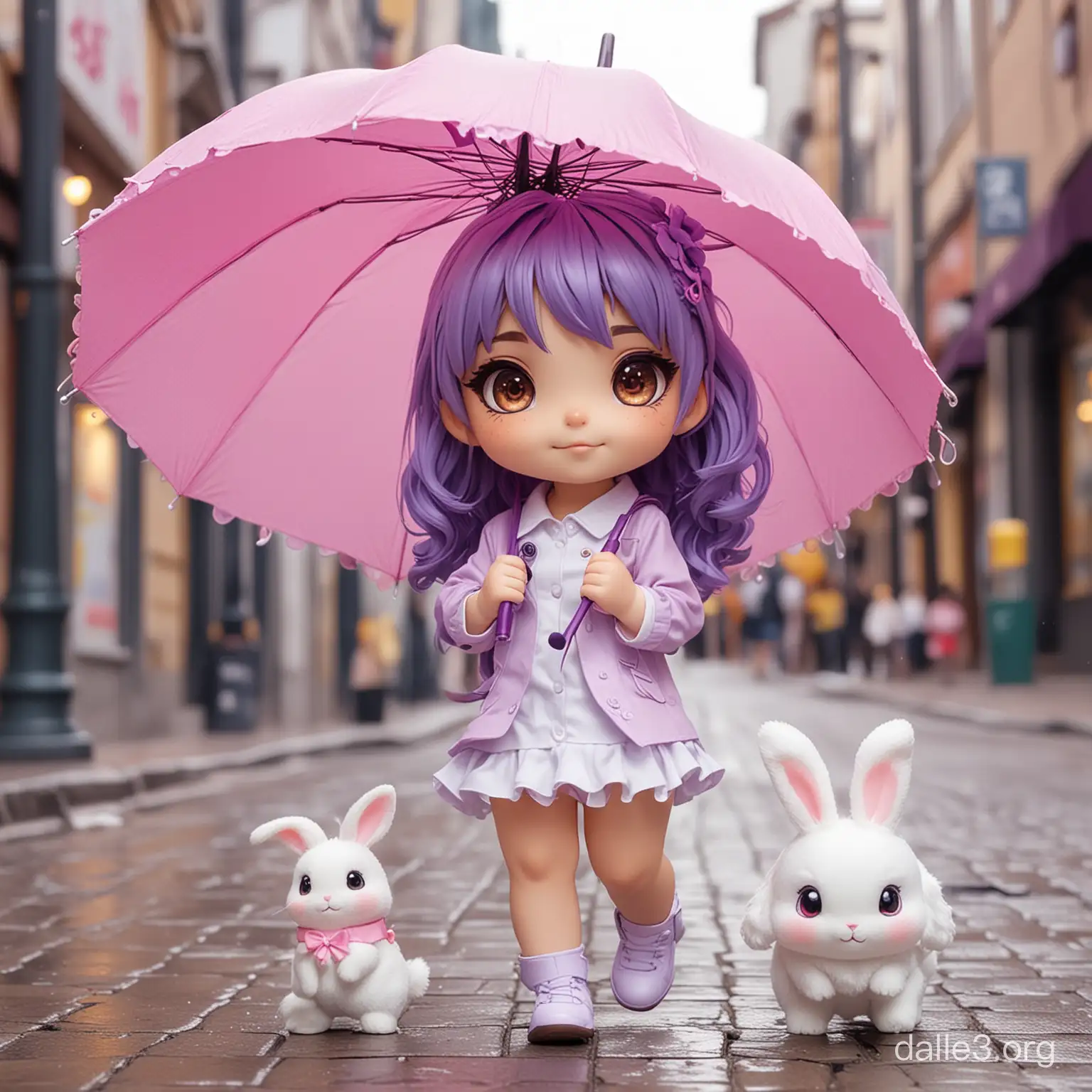 Chibi-loli with wavy purple hair walks brisk business gait on the city street, chibi-loli holds a bright umbrella, next to chibi-loli runs a fluffy rabbit, bright colours, beautiful, fun, cute