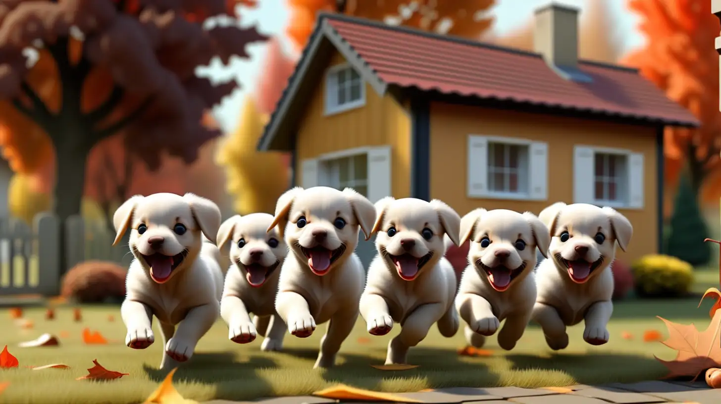 Playful Puppies Running from Cozy Autumn Cottage