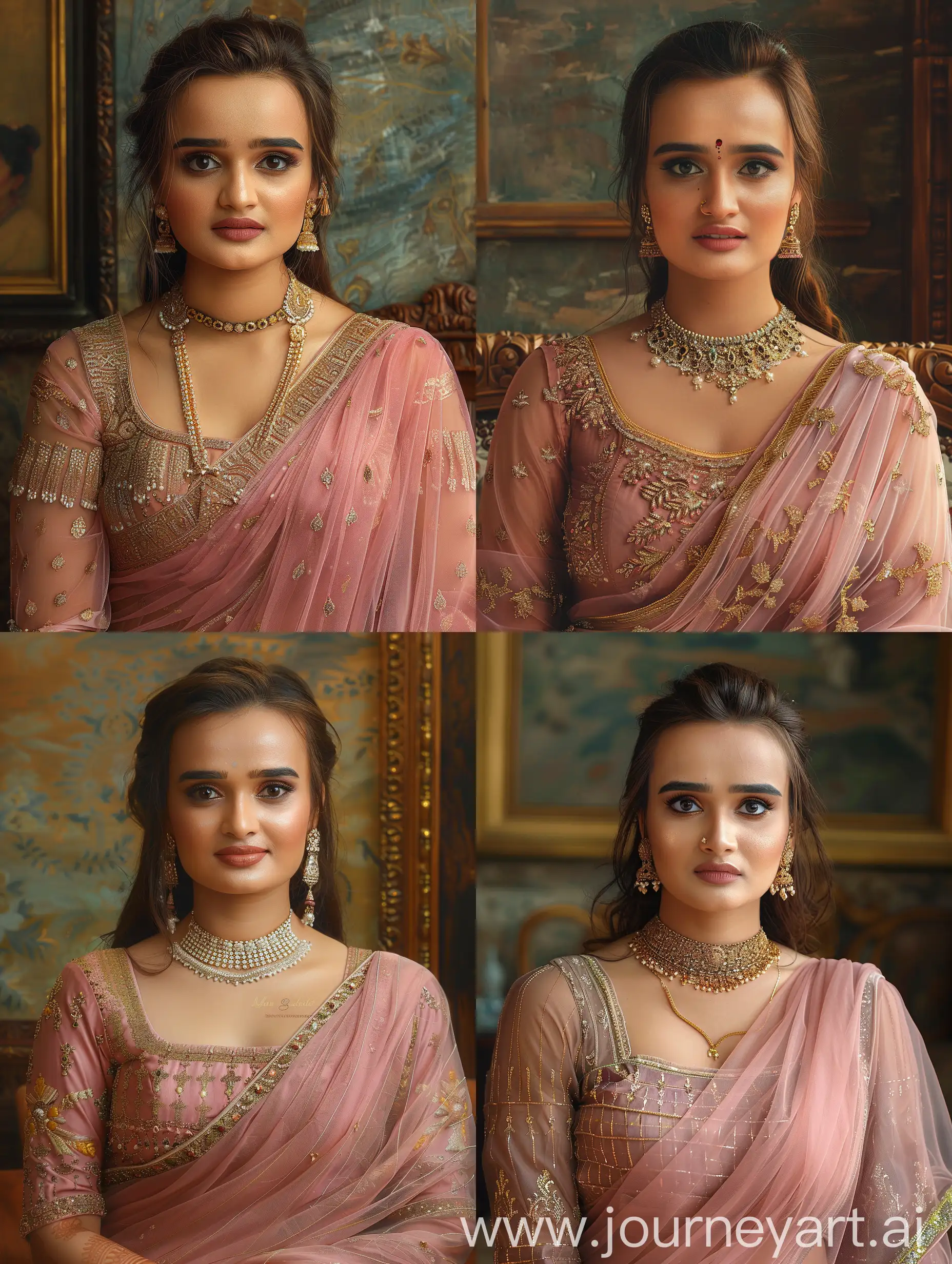 A majestic portrait of a woman adorned in an exquisite Indian sari, vibrant colors, gold embroidery, intricate patterns, in the style of Raja Ravi Varma's oil paintings, traditional jewelry, elegance, with an aura of royalty --cref https://cdn.discordapp.com/attachments/1123949216025280582/1230210805228638318/IMG_20240313_124108.jpg?ex=66327e18&is=66200918&hm=d3c441869601d60f8d550804c926e5918a54cad0a3719c076b6379cf982c577b& --cw 100 --ar 3:4 --s 650 --v 6