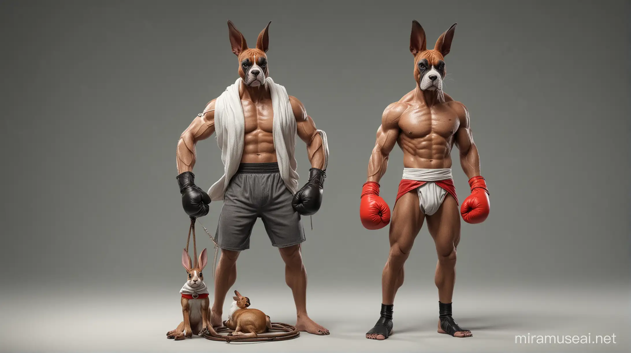 boxer rabbit with human body, serious look, with hand and feet wraps, in a ring, full body photo, with bruises, realistic