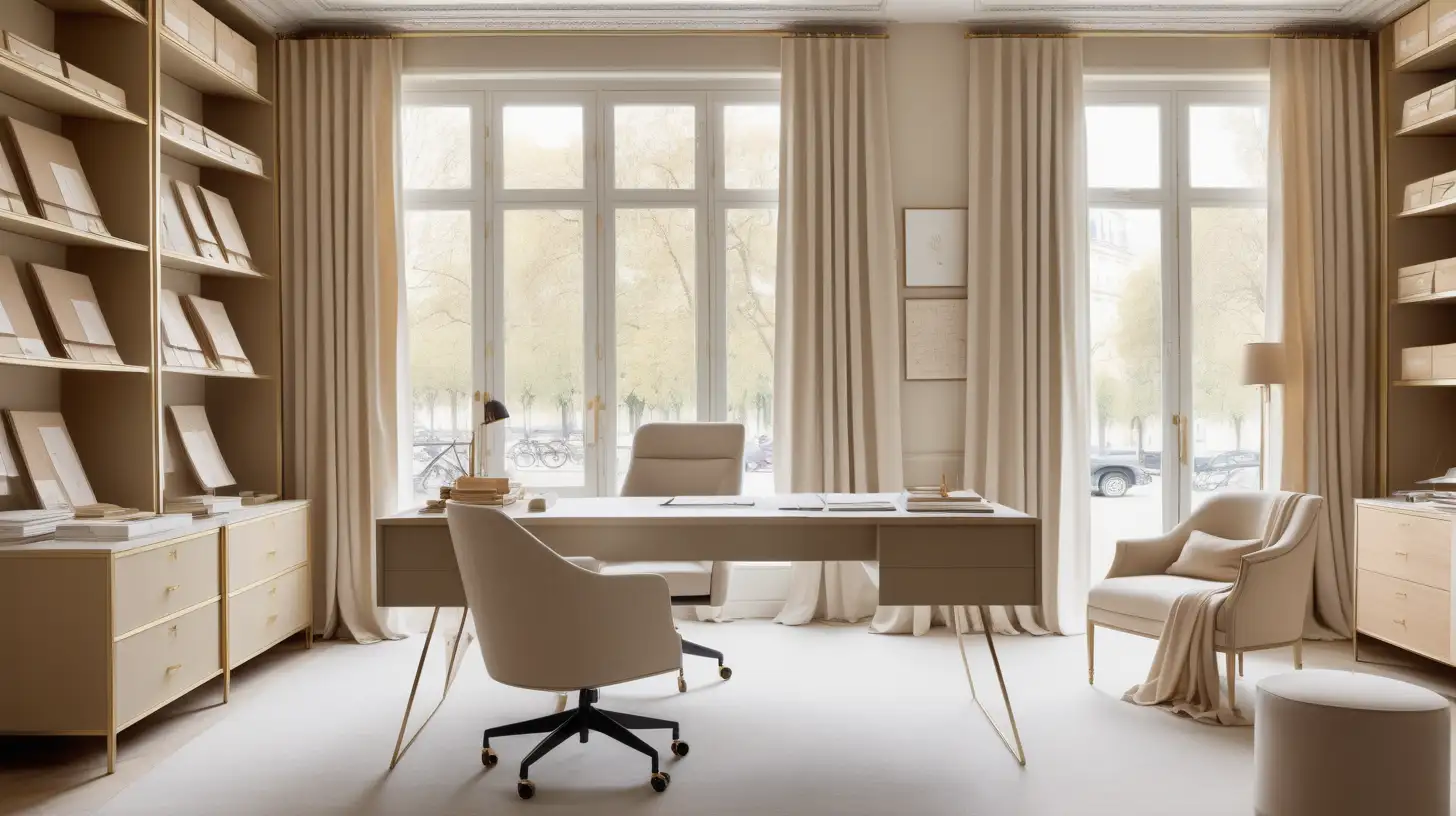 Modern Parisian Interior design office; partners desk; linen pinboards with designs and samples pinned on them; built in sample storage with hanging fabric samples; floor to ceiling window with curtains and view of the park; beige, light oak, brass, ivory colour palette