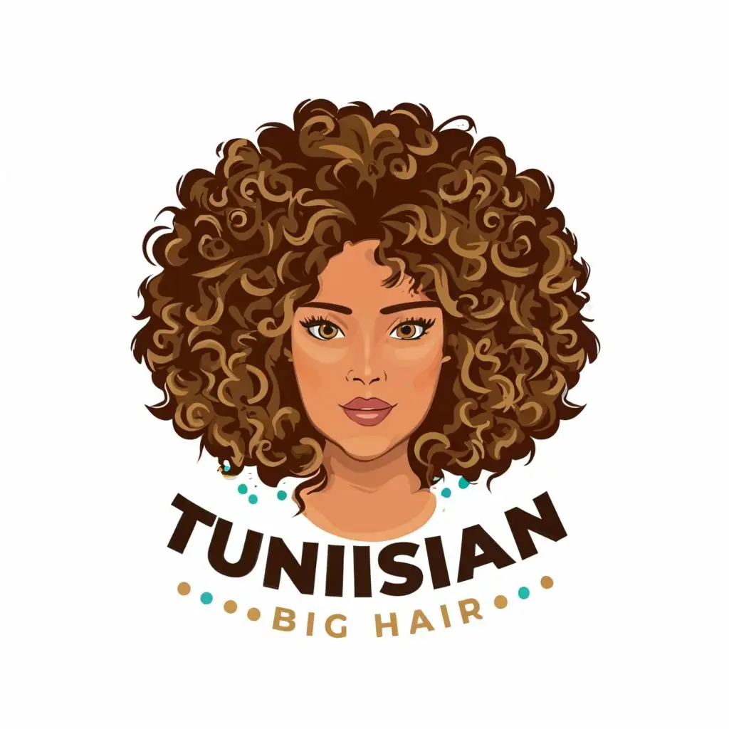 logo, beautiful mixed race girl with curly afro hair, with the text "Tunisian Big Hair", typography