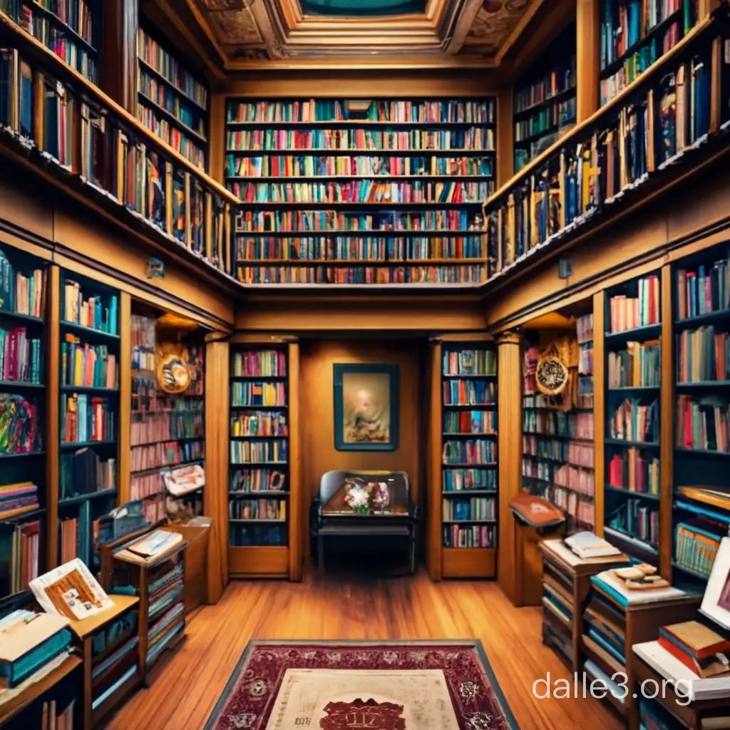 a realistic high resolution extremely detailed photo of a bookshelf spanning an entire wall in a rus