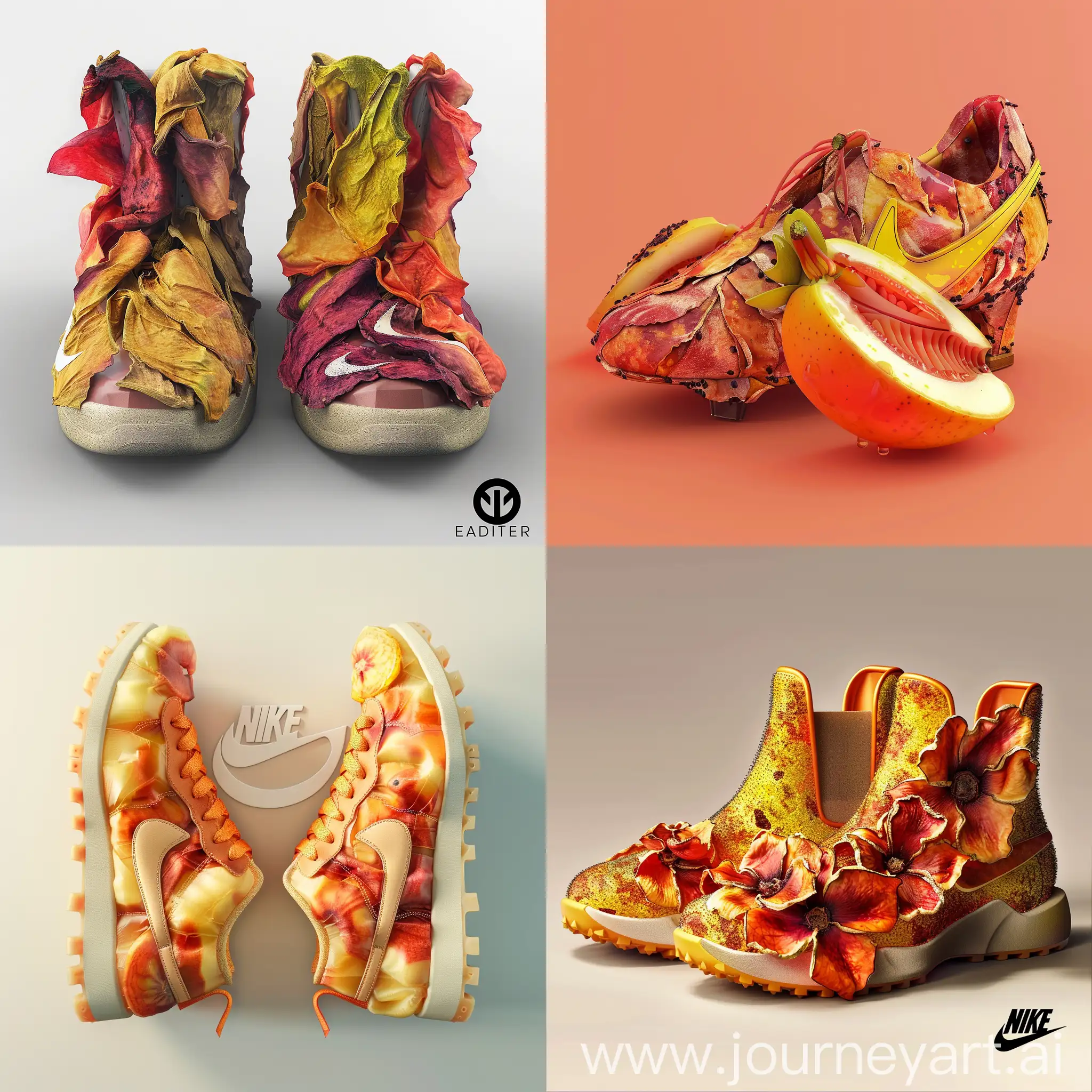 pair of shoes made of dried fruit skins, 3d render, bright colours, clean composition, beautiful artwork, nike logo
