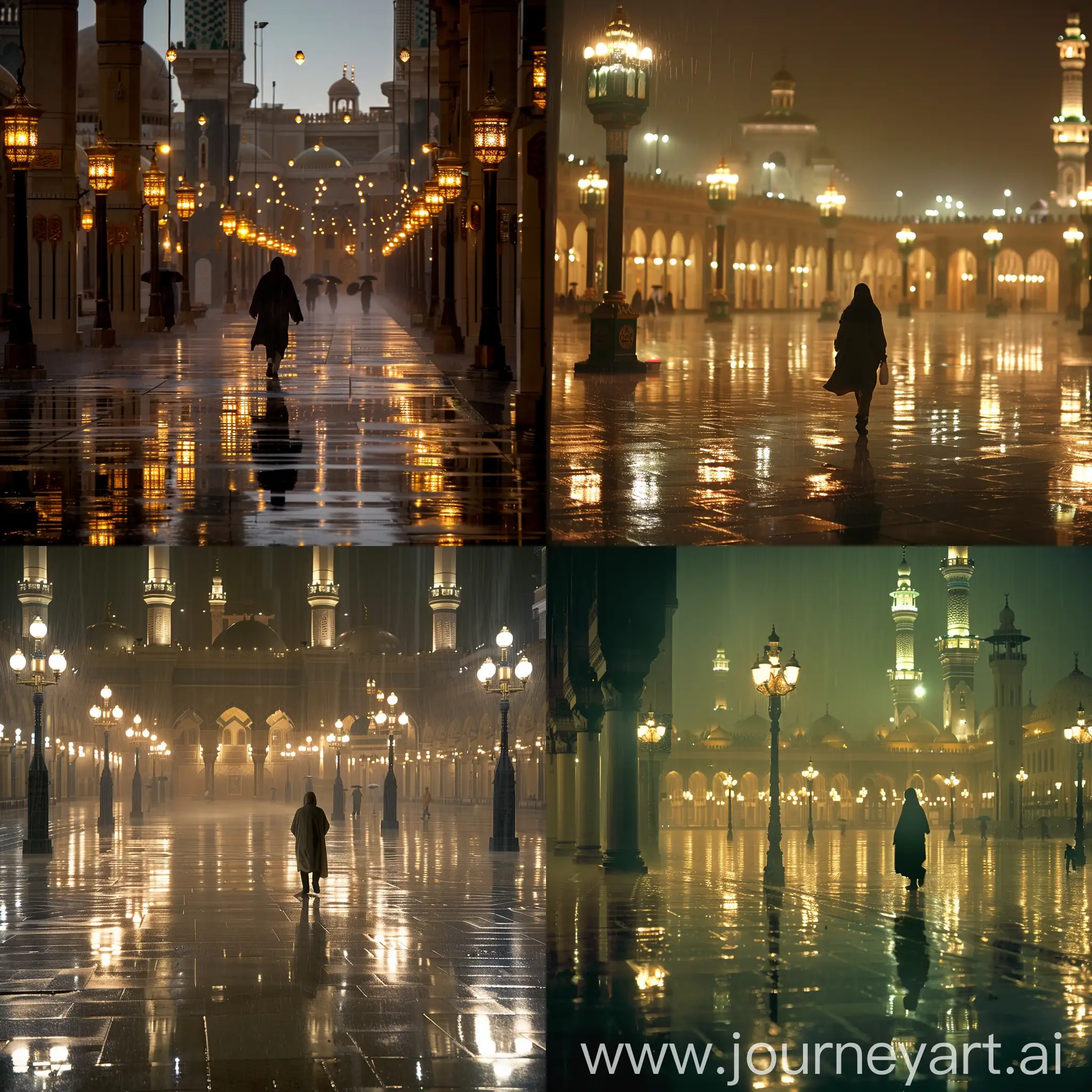 شخص يمشي من بعيد في اجواء ماطره جدا في فناء المسجد النبوي الشريف والاضواء من حوله واجواء دينيه مستشعره