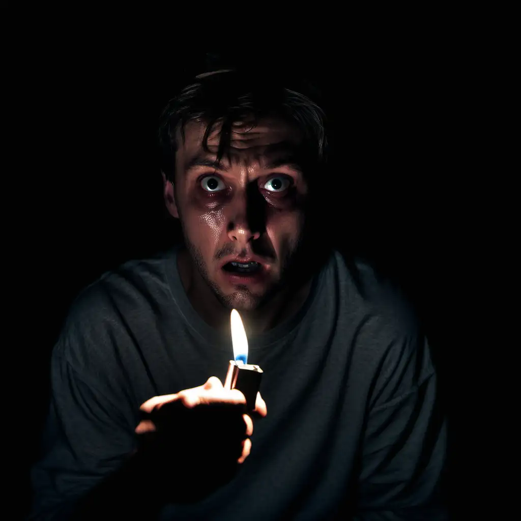 scared lying man in darkness turning head with lighter