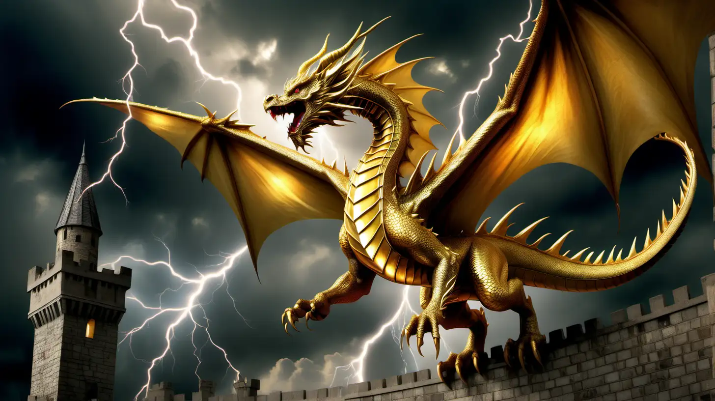 Create an imaginative and vivid image depicting a beautiful, gold dragon with its wings fanning out. Emerging from the dragon's mouth, there should be a realistic and detailed bolt of lightning, symbolizing power and grace. High Resolution. The dragon should be placed on a castle wall. The overall atmosphere should convey a sense of wonder."