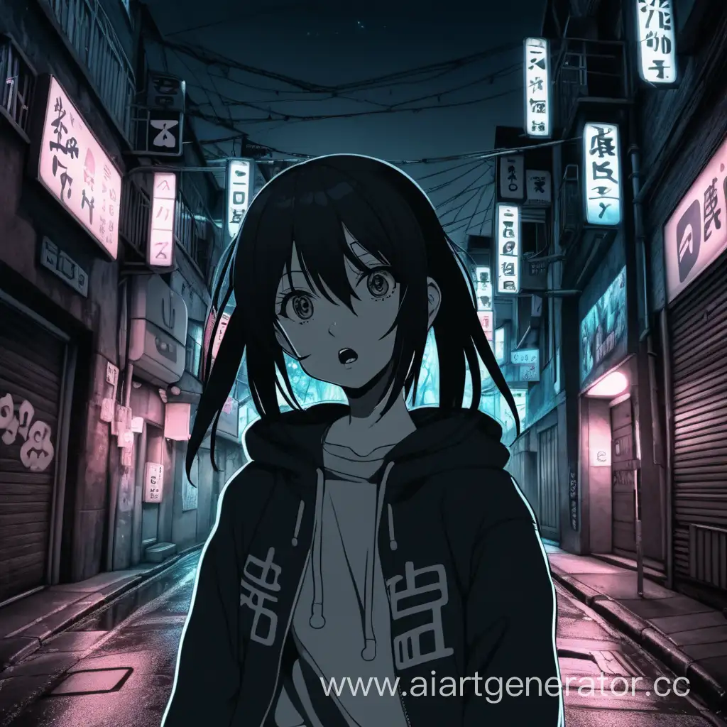 Anime crazy girl in dark street