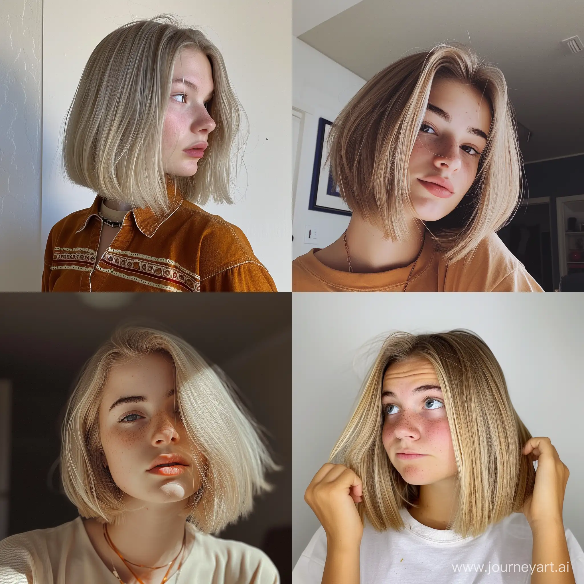 Girl who just had her hair cut from long to bob length, 90s, blonde hair, america, 20 years old, embarrassed but cute