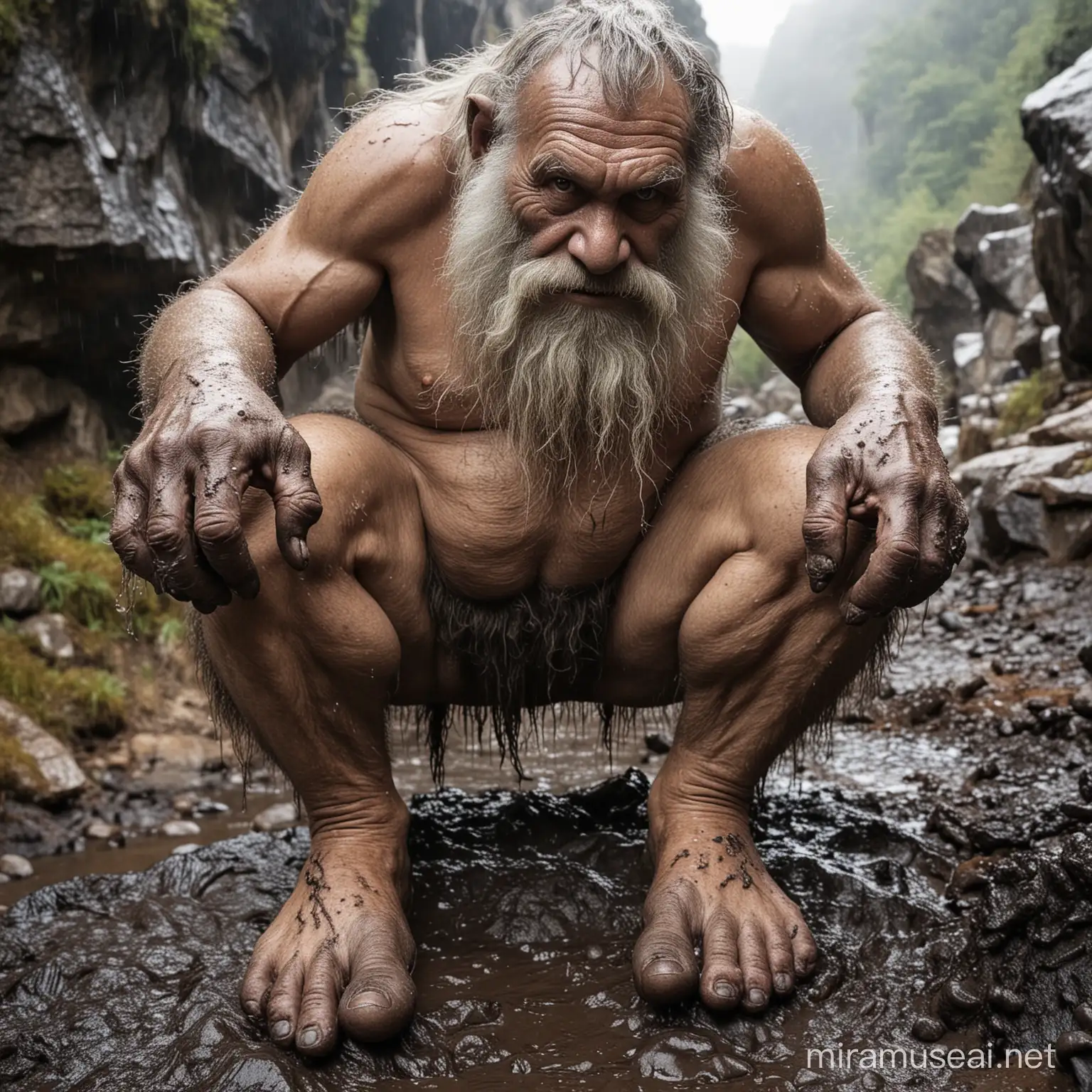 troll,large feet,large hand,loincloth,dumpy,chubby,primitive,hairy,long beard,old age,rainy,wet dirty black mud cover hand and feet,in the mountain,rock climbing