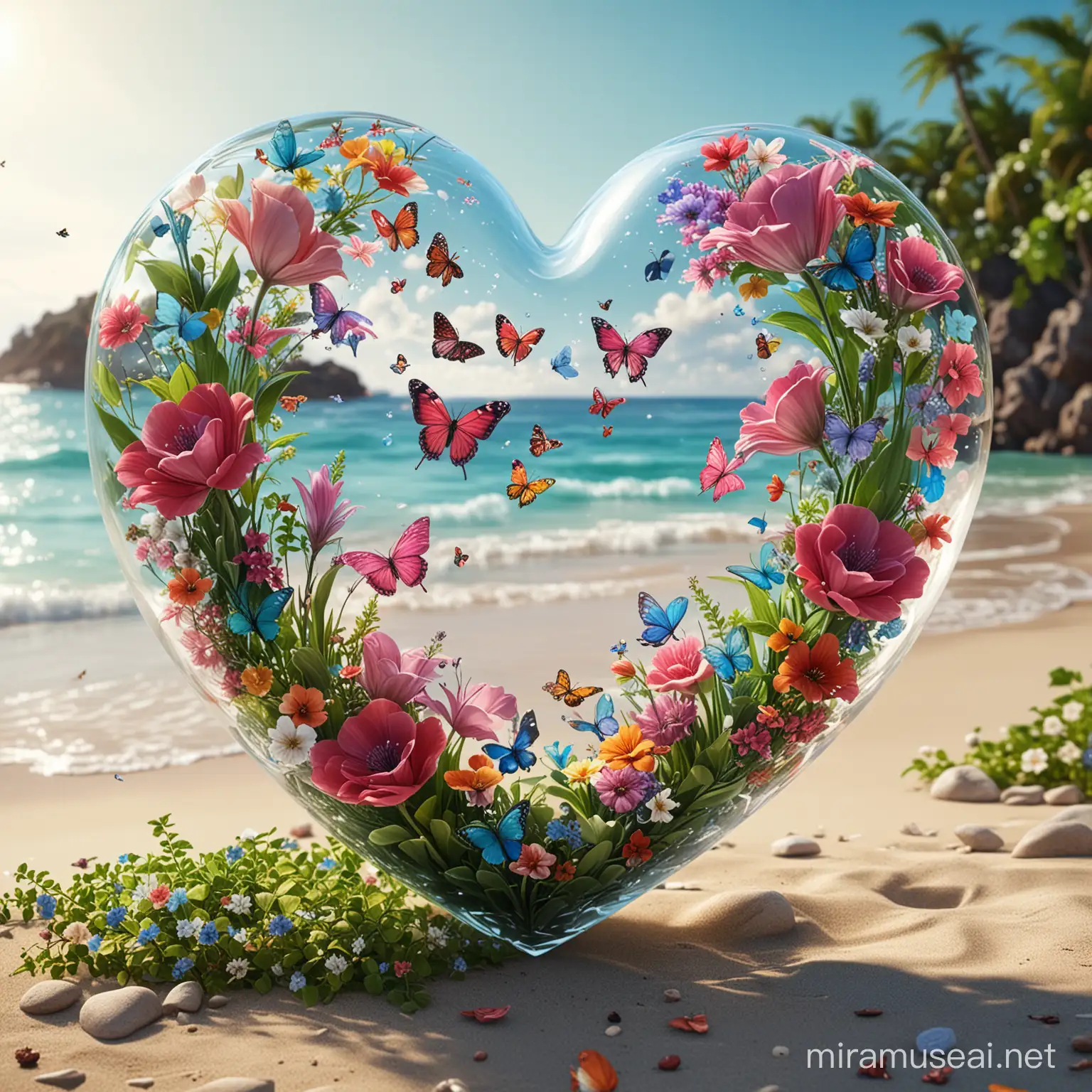 It is a 3D glass heart and the background is by the beach and the excellent quality of 8K Ultra HD
Inside this beautiful heart, there are many colorful flowers and green plants, and a small fairy and some butterflies are flying above the flowers, and there is a beautiful charm inside.
