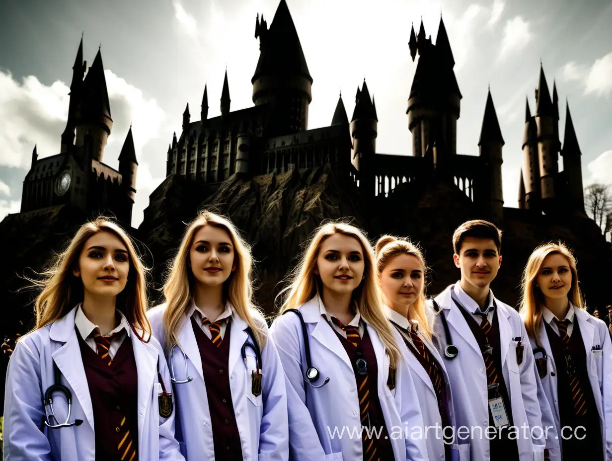 студенты медики на фоне Хогвартса