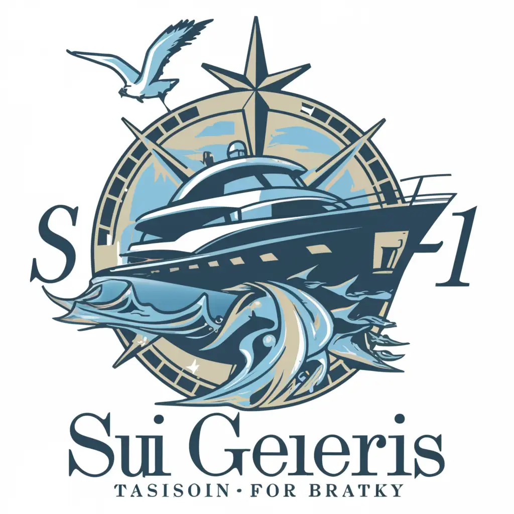 a logo design, with the text 'SUI GENERIS', main symbol: yacht, globe, seagull, compass, dolphin, moderate, clear background. The requirement is to design a brand name and logo in different variations to be placed in numerous locations both inside and outside the yacht. The design will be produced in different materials and use different surfaces as background: metal, wood, mosaic, leather. The basic colors of the yacht are blue, grey and white. The owner would like the brand to be balanced with emphasis being on simple luxury. Therefore the script/fonts should be creative but not excessively complex. Abstract ideas are welcome in particular relating to his concept of combining symbols of dolphin/bird/globe/compass in the logo. It would be ideal if the logo is readable as central letter ‘e’ of the name Gen(e)ris and located in its place. The preferred bird to be used in logo is Seagull. The dolphin should be seen jumping out of the water. The compass should be located around the globe. If applied to the provided transom photo of the yacht the background colour should be dark blue. The outside name/logo presentation should be RGB or backlit stainless steel