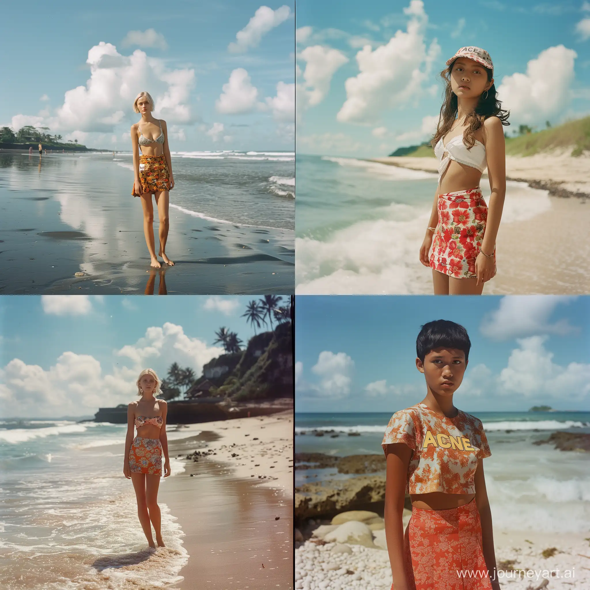 a analog photo of swedish fasion model wearing Acne skirt on beach in Bali