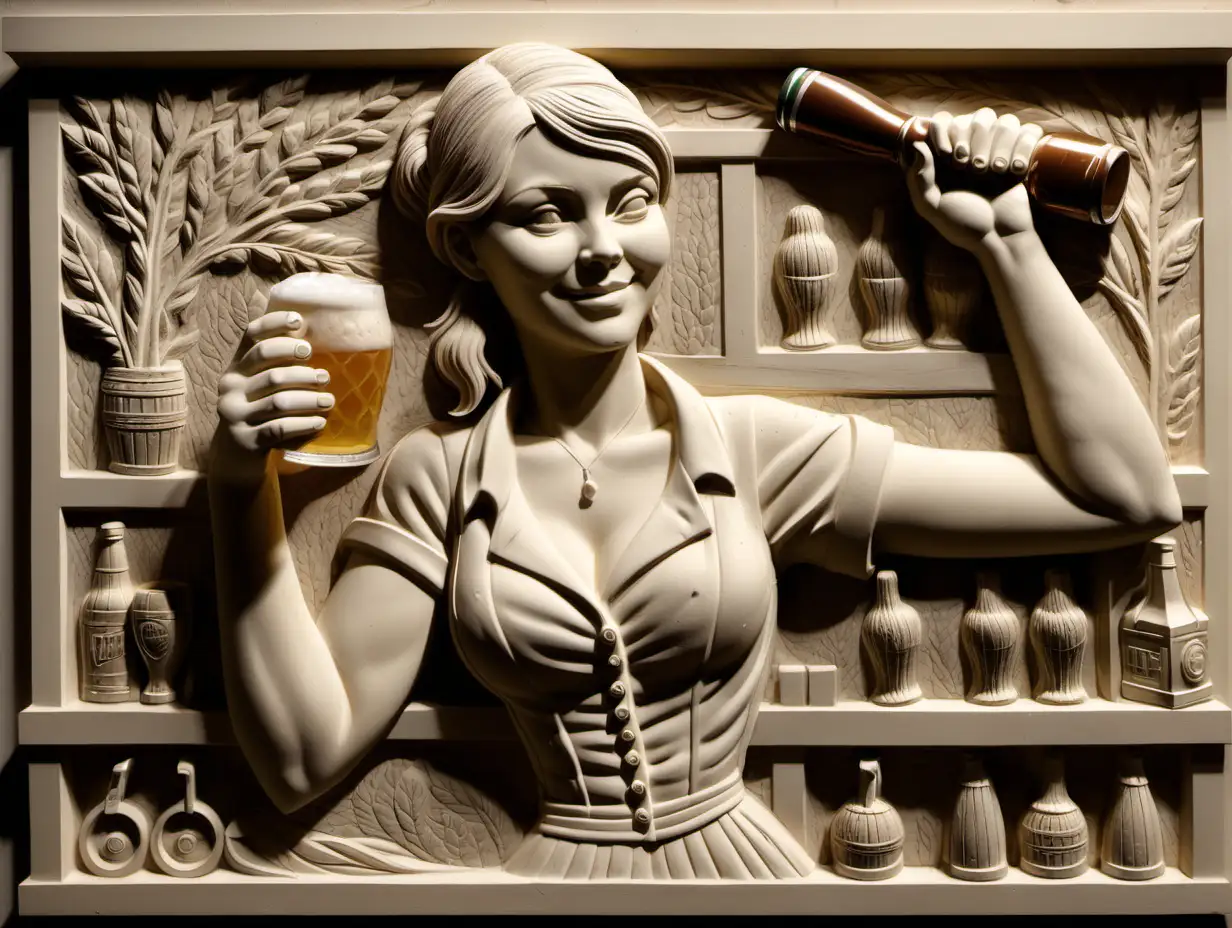 Bas-relief, of female bartender, behind a bar,  serving beer