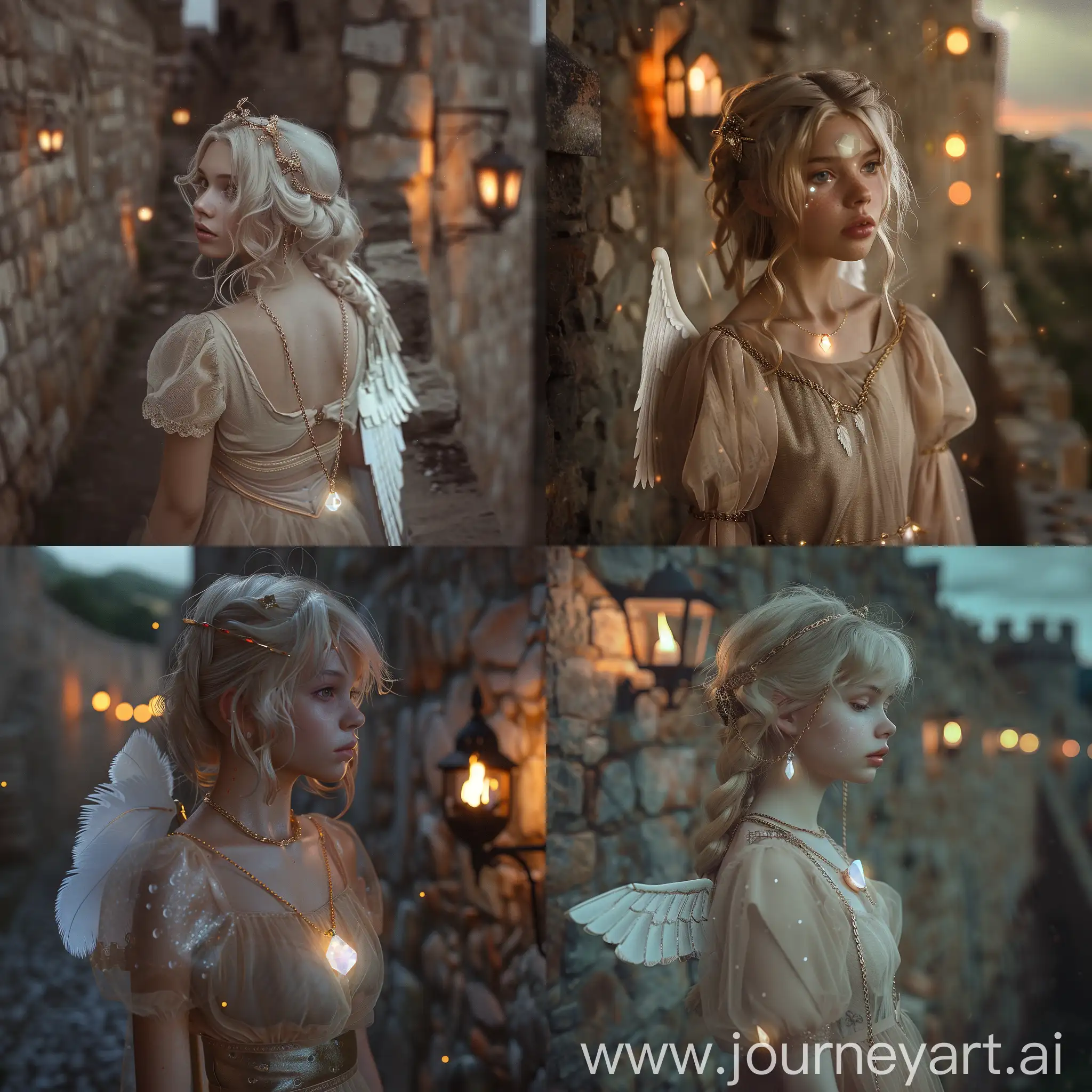  beautiful girl, blonde hair, glowing small crystal on a gold chain around her neck, white wing on her back, transparent beige dress, medieval castle, walls, darkness, torches, realistic, fantasy concept