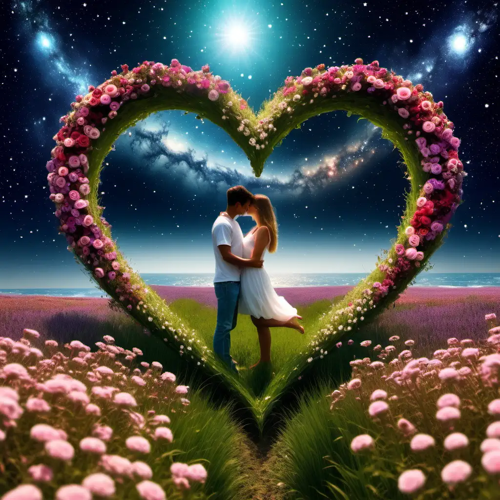 Romantic Couple Embracing Surrounded by Flowers Outer Space and Ocean