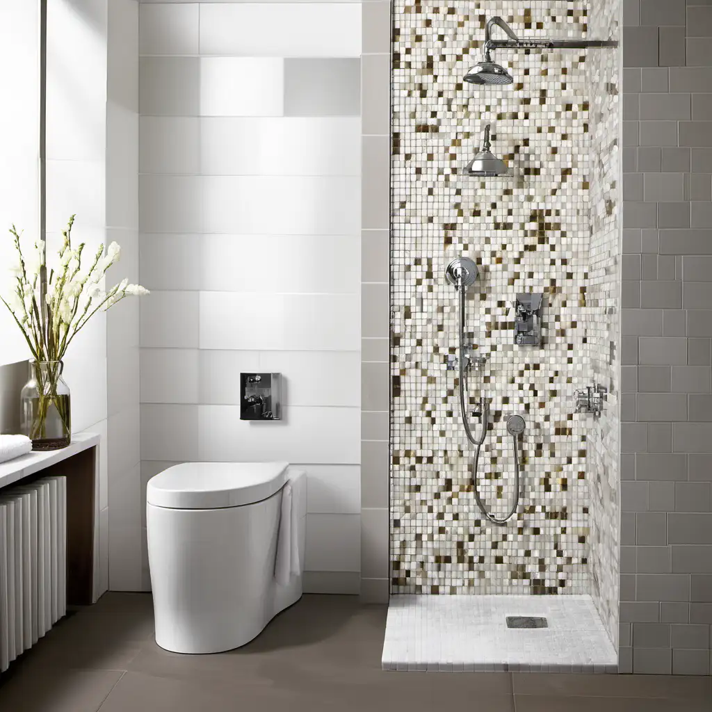 bathroom with mosaic shower tiles