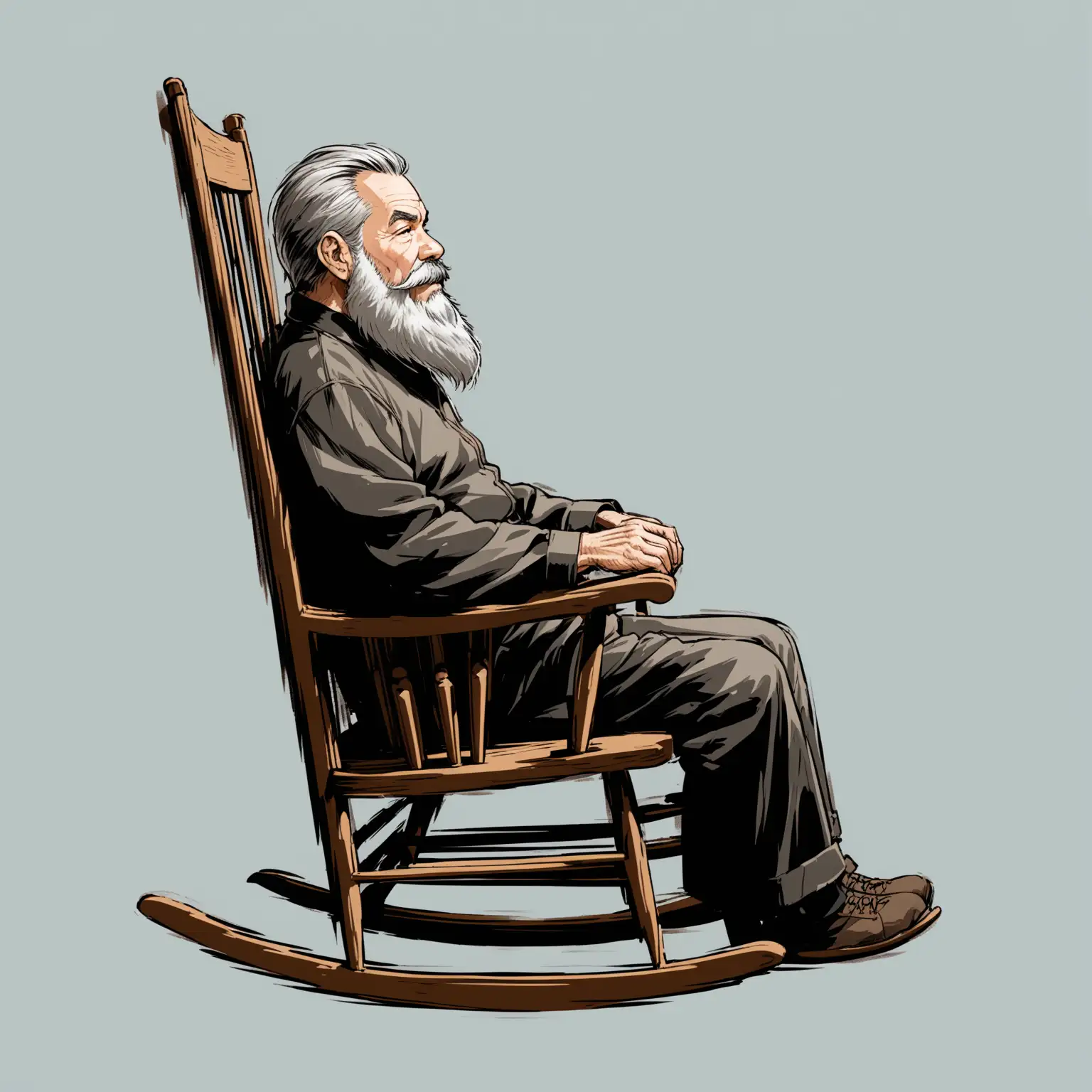 starszy Pan z siwą brodą buja się na fotelu. widok z boku obejmuje całą postać oraz fotel bujany, tło jest transparentne bez żadnych przedmiotów
