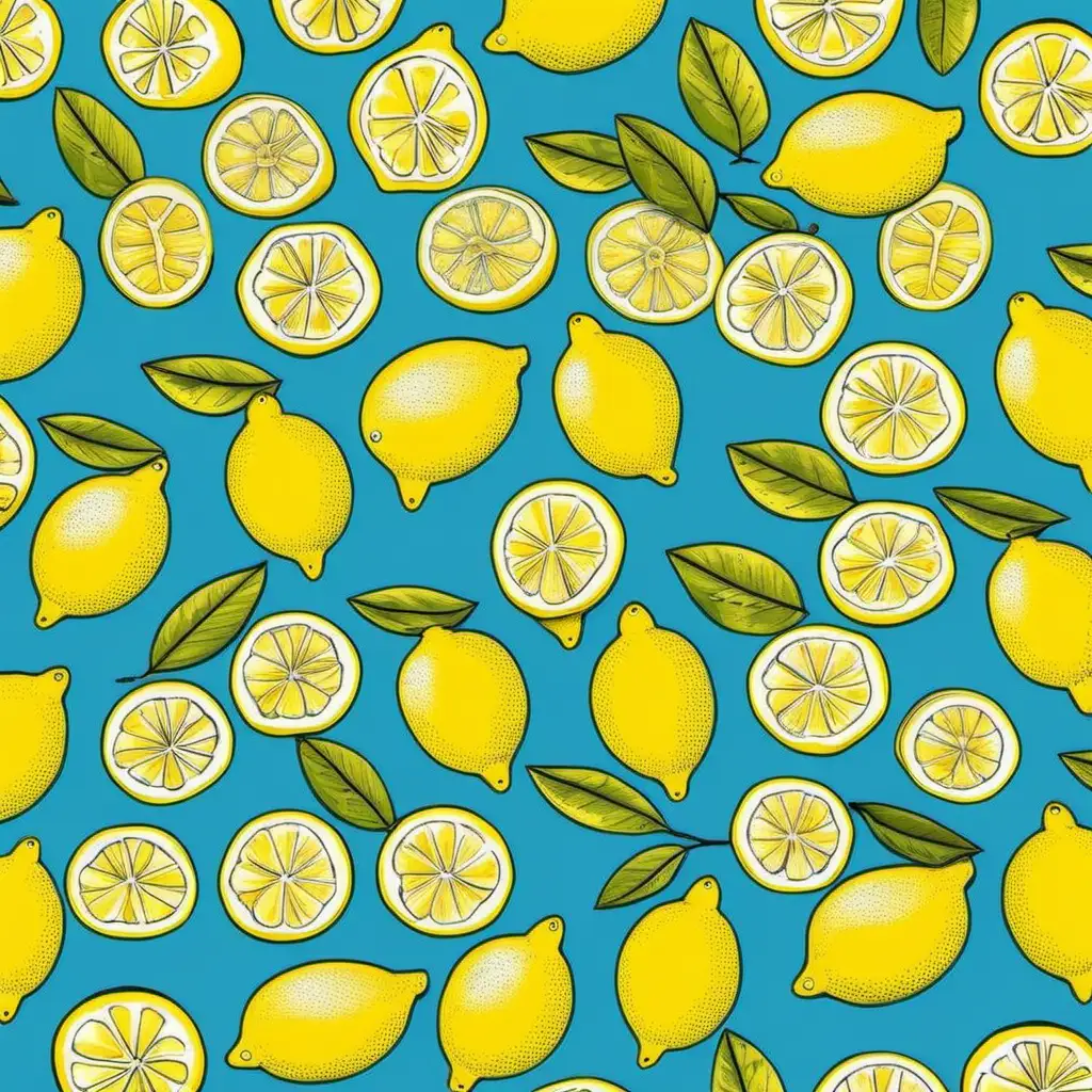 Lemons, in a playful pattern, light blue background 