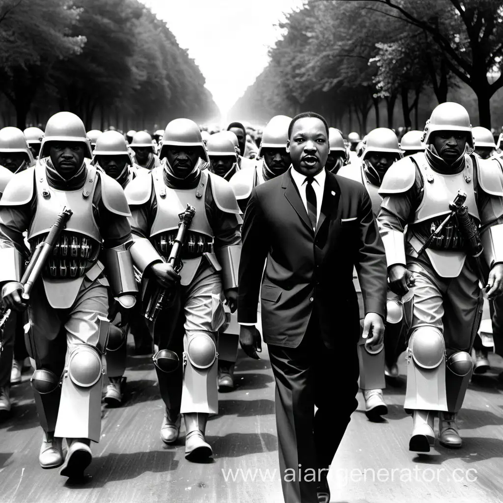 Dr Martin Luther King Jr wearing power armor leading an army.