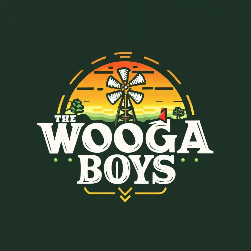 a logo design,with the text "The Wooga Boys", main symbol:A simple metal windmill on a golf course with tall grass
