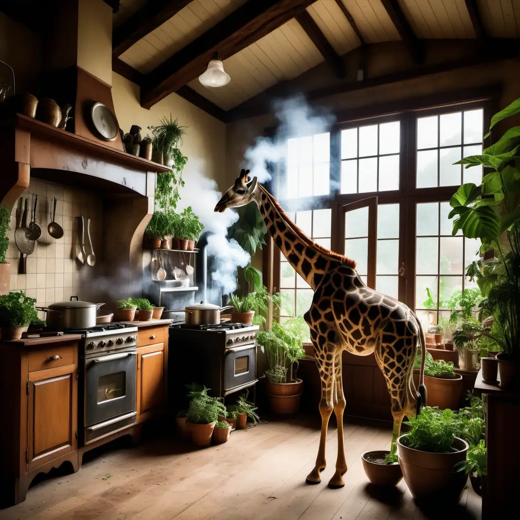 Vintage Kitchen Scene with Giraffe Cooking amidst Lush Greenery