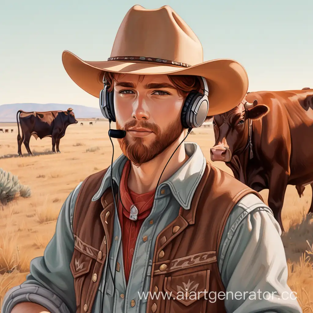 Young cowboy listening to music, wearing wireless headphones underneath cowboy hat, wearing western clothing, medium auburn hair and short beard, facing camera, with western background with angus cattle and sage, natural red and light brown, lofi aesthetics, precise linework, medium view