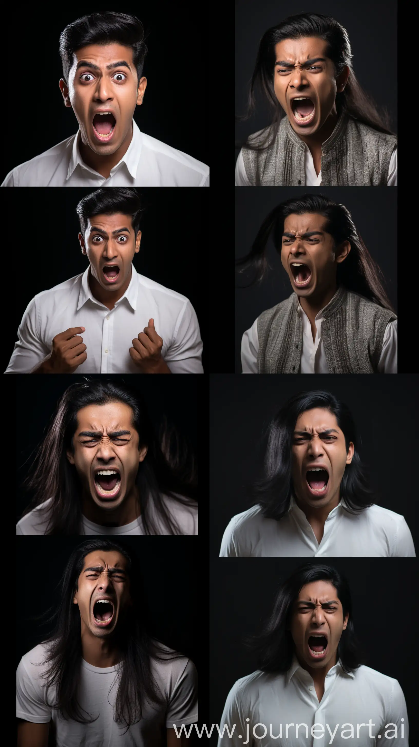 Images depicting a young Indian man in his early thirties, in whitish attire, black long waivy hair, clean shaven, yelling with an agry expression on his face, intricate details, 8k quality images, close-up image --ar 9:16 --v 5.2