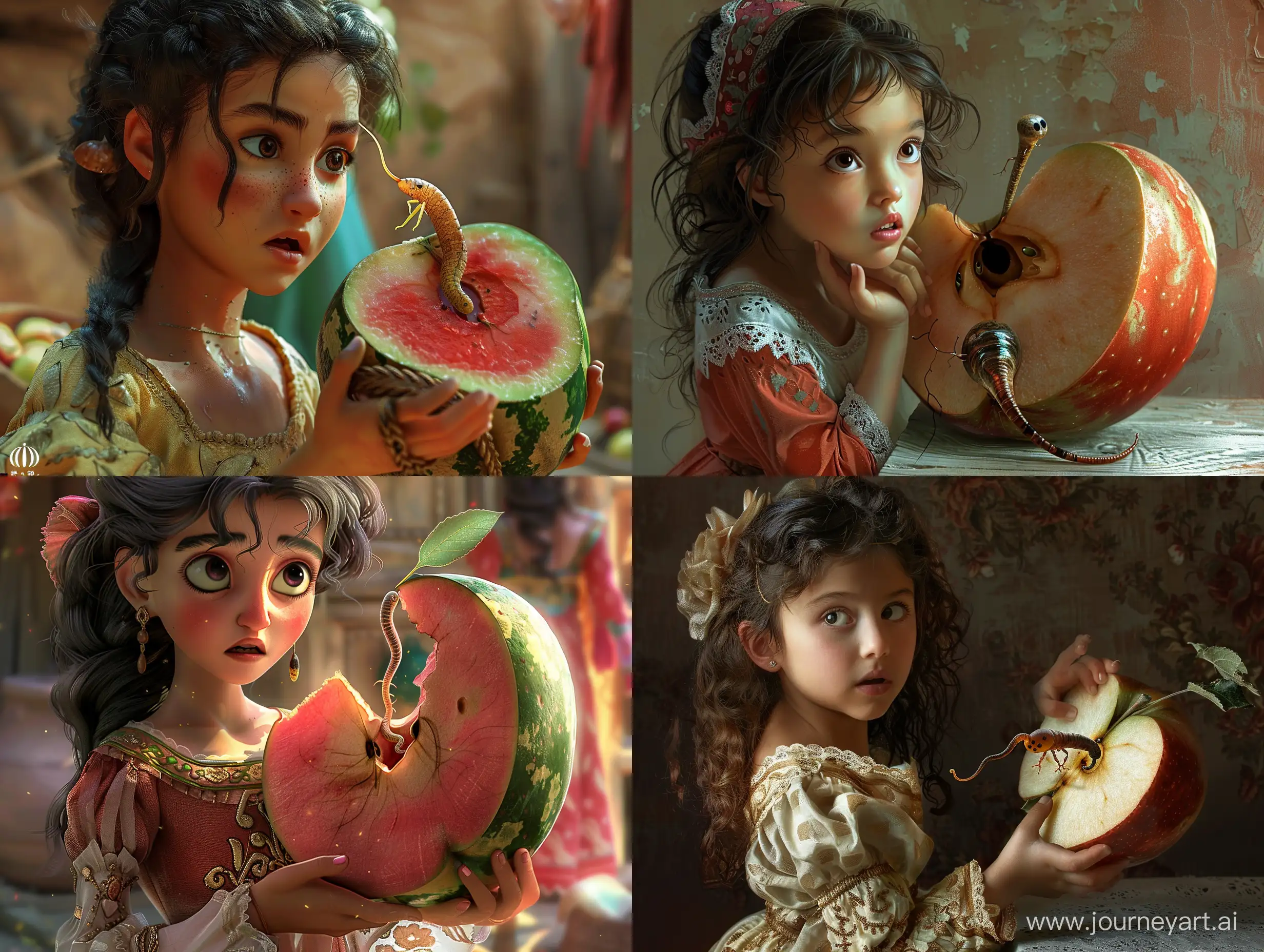 دختر پارسی یک نصف سیب بزرگ که به اندازه یک هندوانه است را در دست دارد و به کرمی که از سیب بیرون آمده نگاه میکند، یک عکس واقع گرایانه اچ دی برای من ایجاد کن