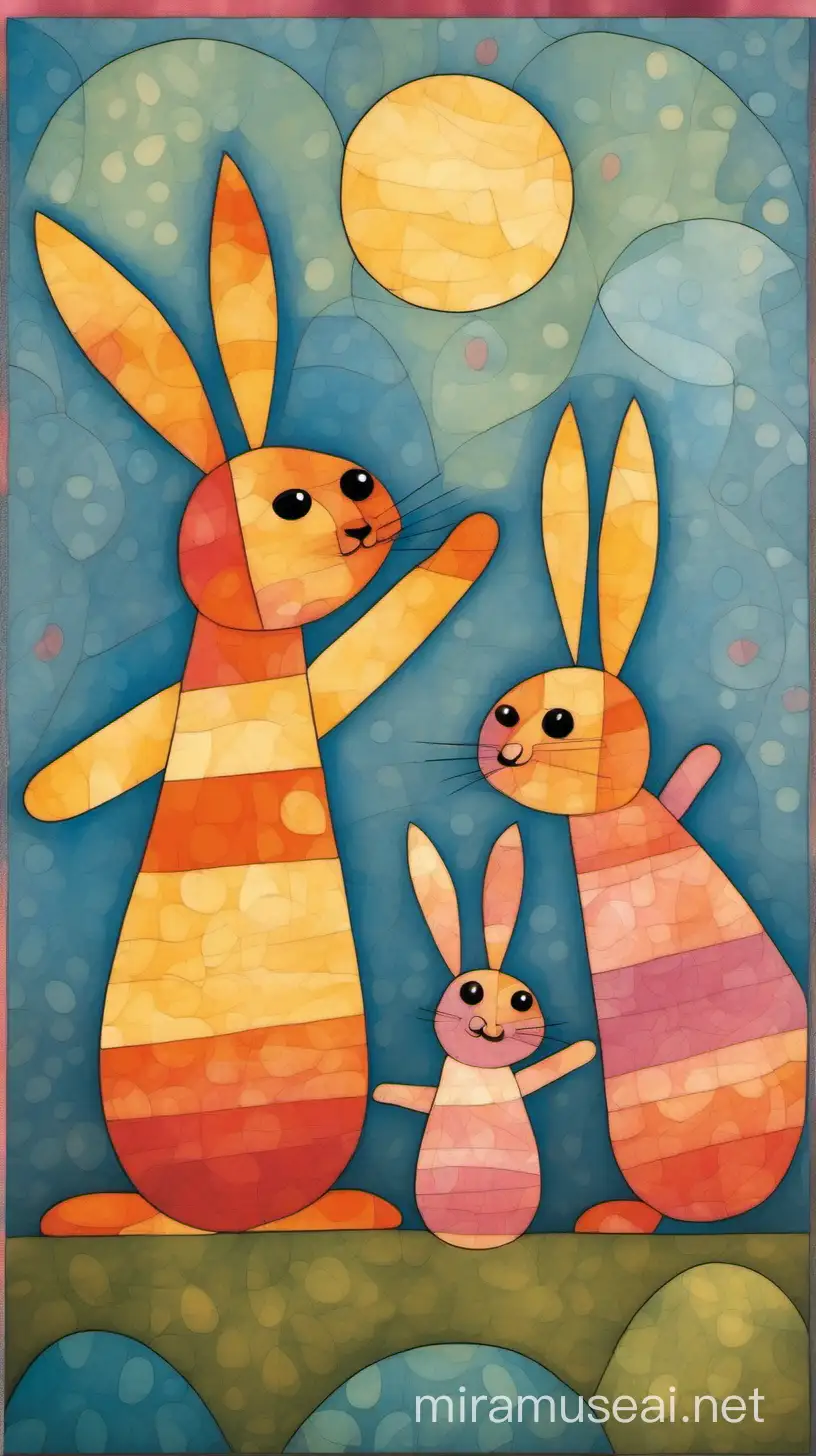 Male ein Bild im Stil von Paul Klee. Drei Osterhasen winken zum Abschied.