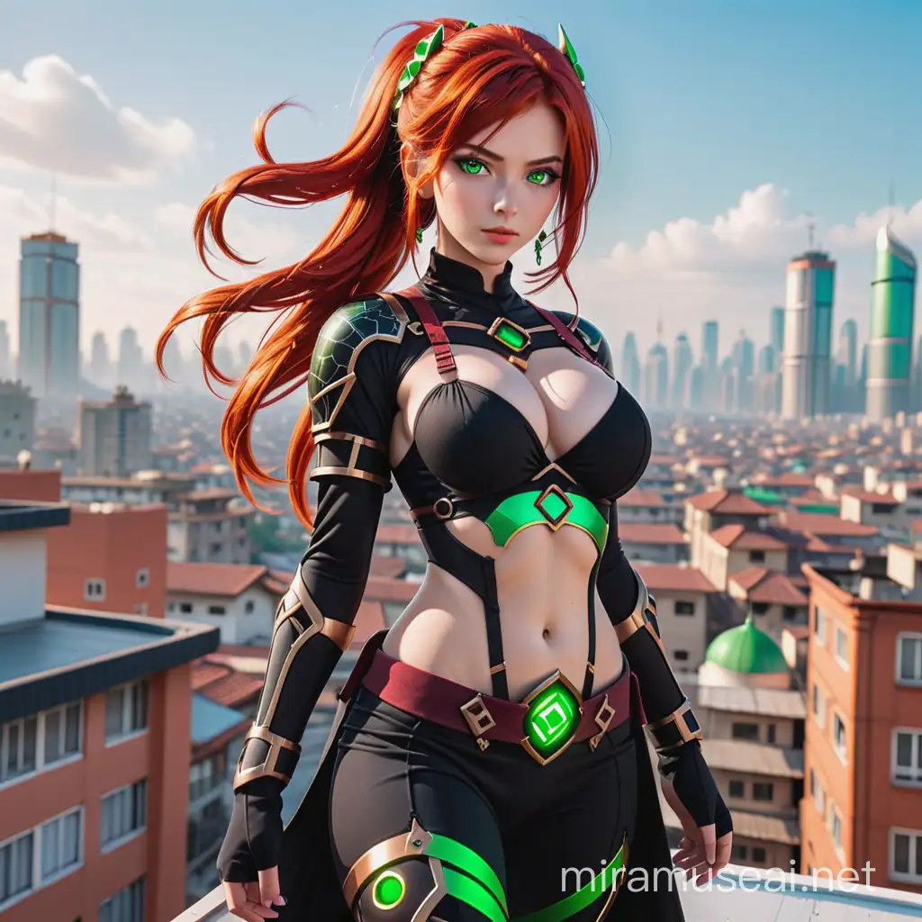 A fierce ninja princess with fiery red hair and piercing green eyes, adorned in traditional black garb, stands atop a rooftop overlooking a bustling city. Her enhanced breasts, courtesy of the latest in cybernetic technology, give her an even more intimidating presence as she prepares for her next mission.