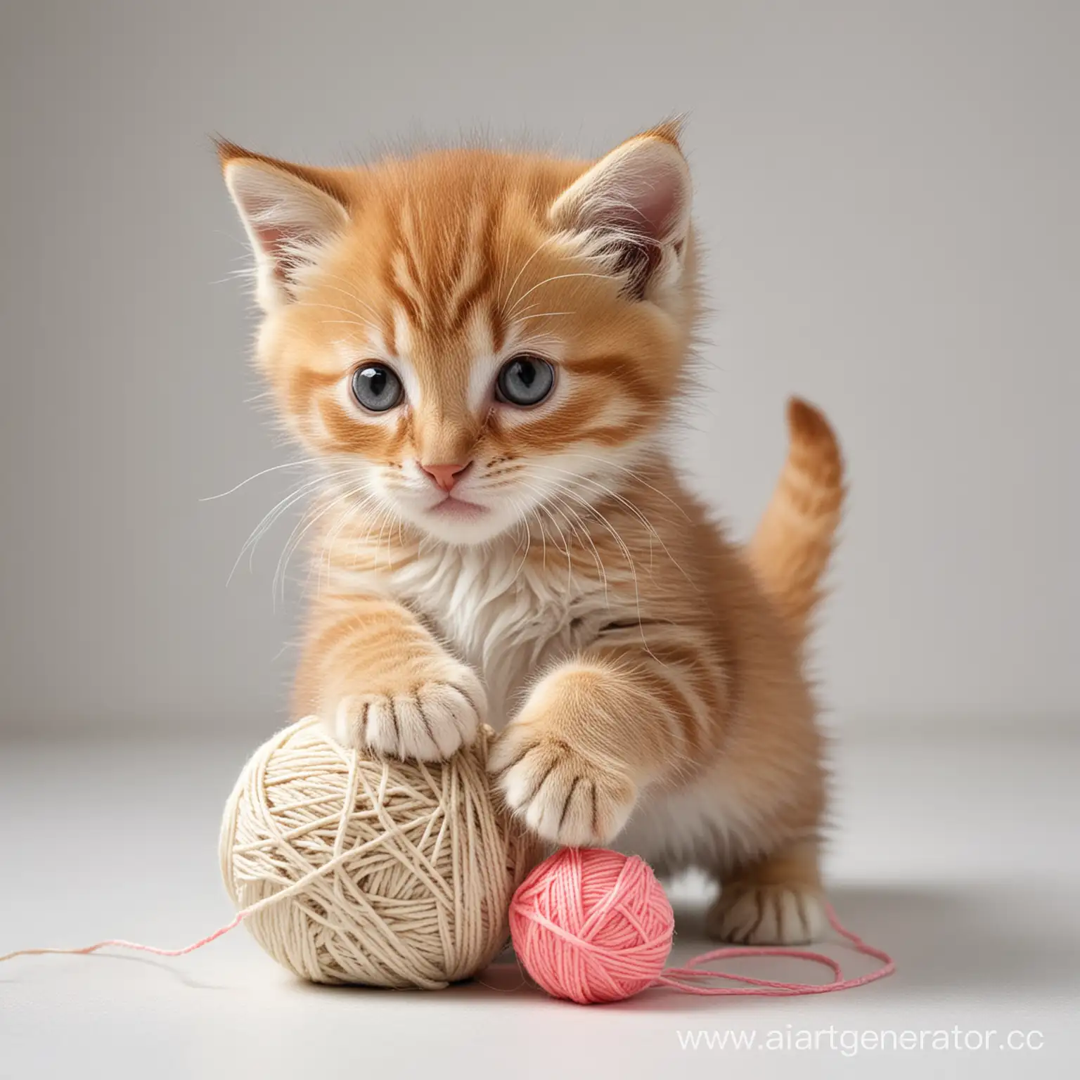 Kitten-Frolicking-with-Yarn-Ball-on-Elegant-White-Backdrop