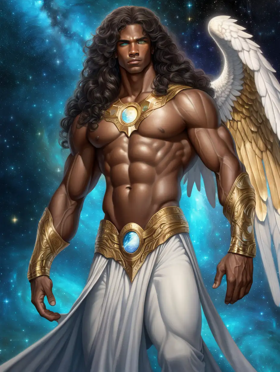 after images of very muscular angel. male. brown skin. very long wavey curly dark brown hair. marble. gold. white. outerspace. stars. dark matter. nebula. aurora. blue eyes
