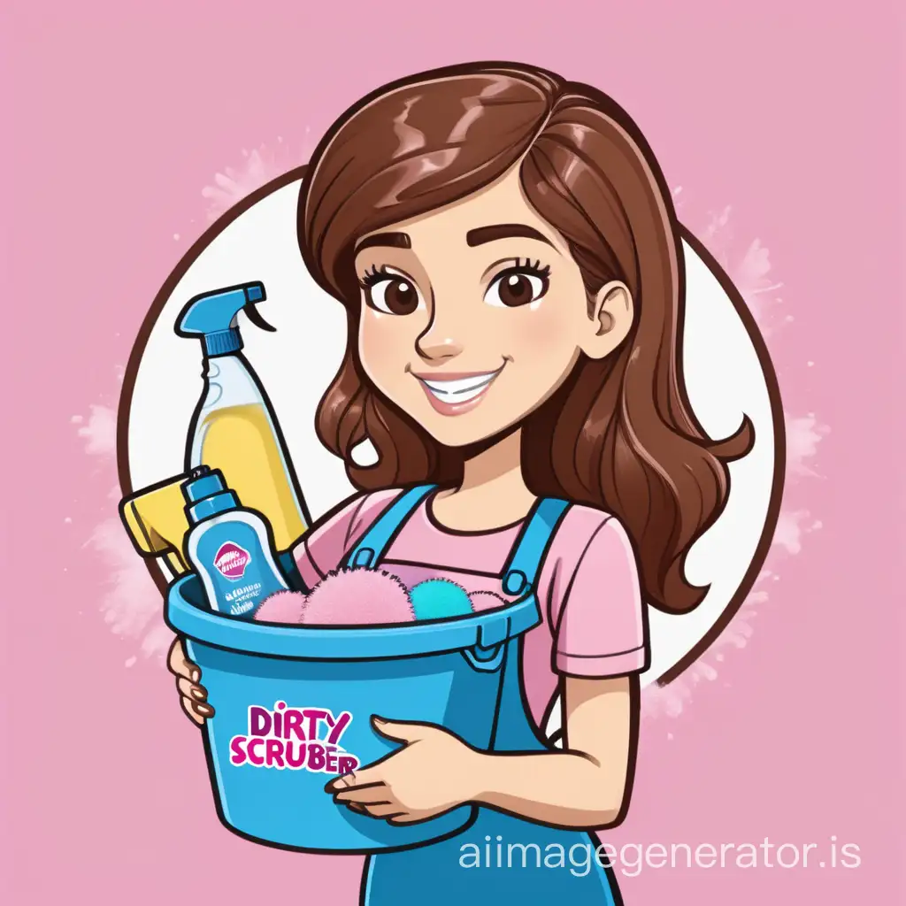 Woman cleaner holding a bucket with cleaning products inside cartoon brown hair with a pink back ground with the logo dirty little scrubbers