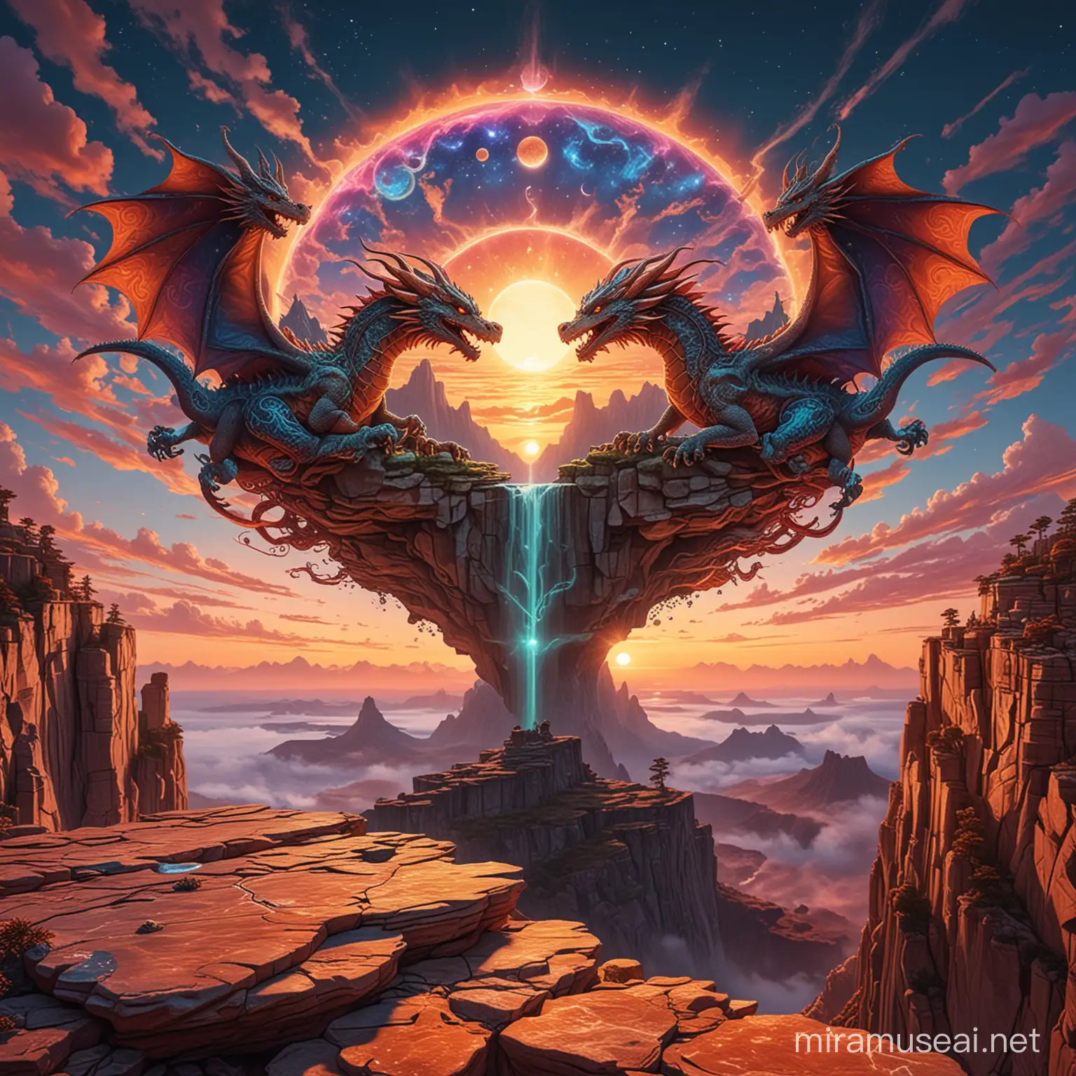 Psychedelic DMT visual on top of a scenic cliff on the edge of the universe at sunset with both the sun and moon visible. The clouds are shaped like dragons